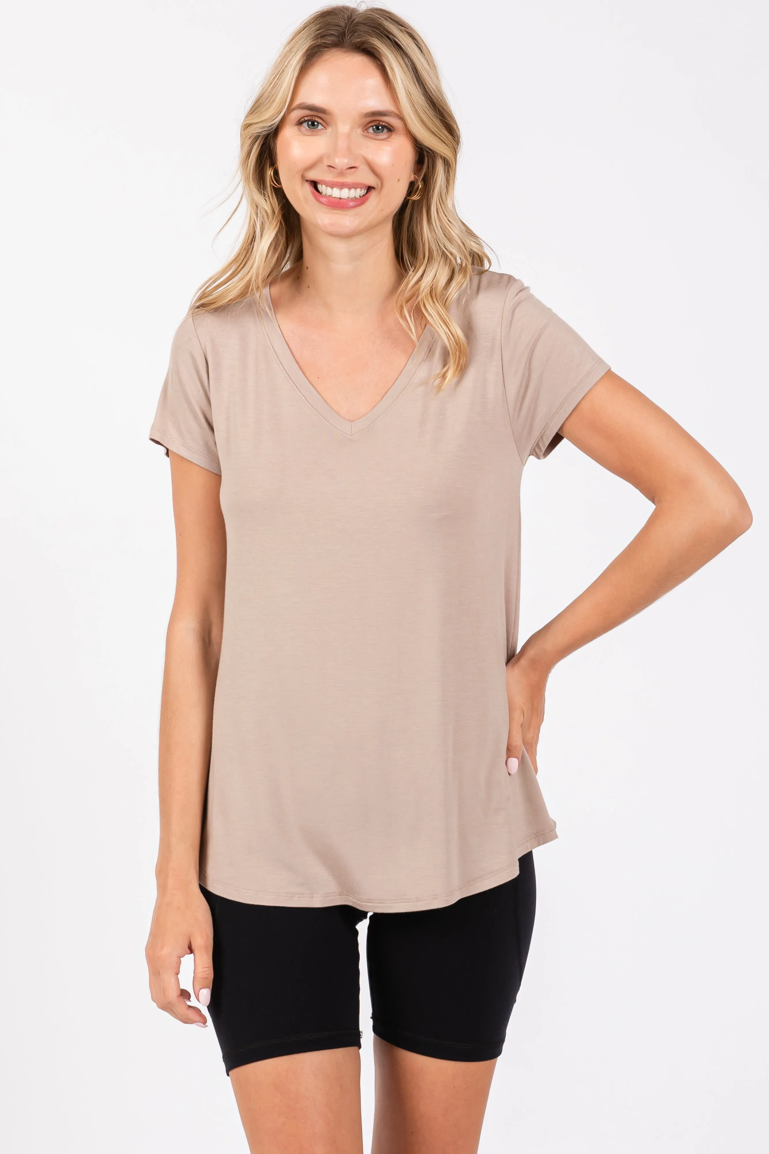 Mocha Basic V-Neck Short Sleeve Top sold by Pinkblush
