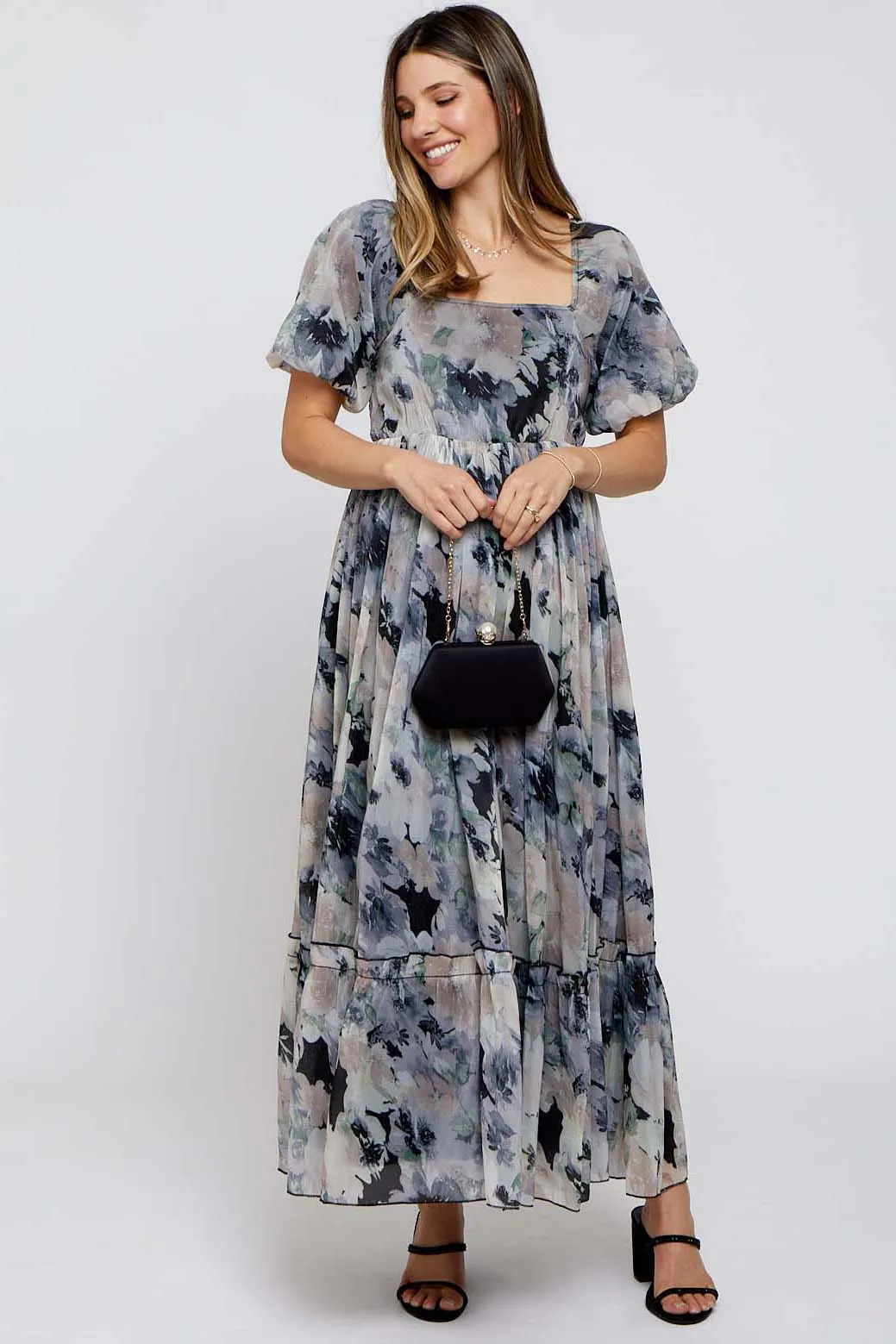 Black Floral Puff Sleeve Maternity Maxi Dress sold by Pinkblush product image thumbnail 2