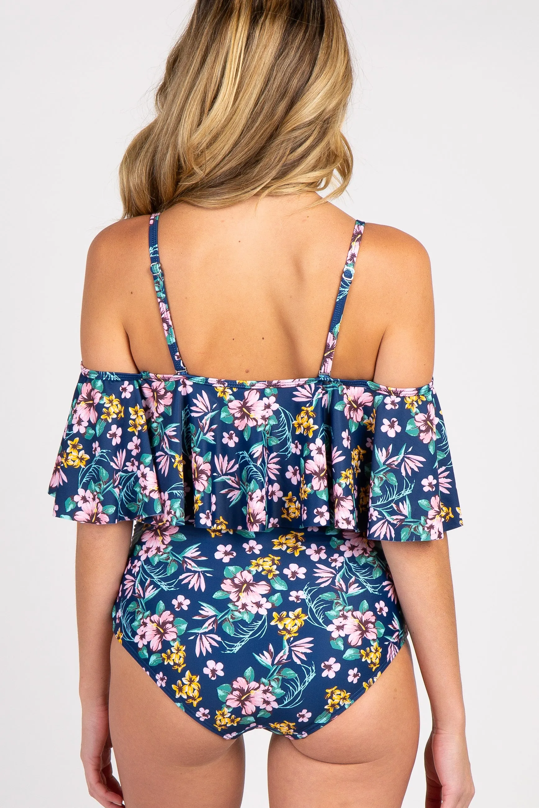 Blue Floral Ruffle Trim Ruched One-Piece Maternity Swimsuit sold by Pinkblush product image thumbnail 5