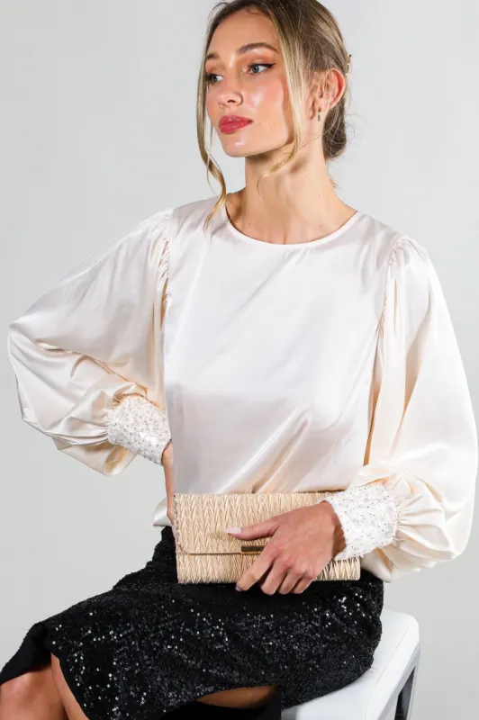 Cream Satin Sequin Cuff Blouse sold by Pinkblush