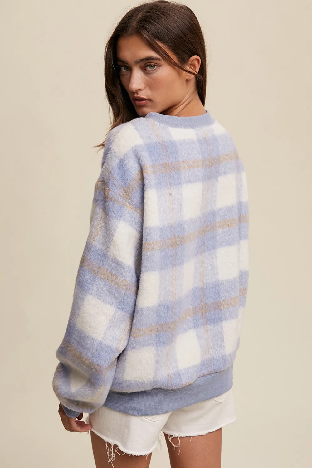 Light Blue Plaid Fuzzy Knit Pullover Sweater sold by Pinkblush product image thumbnail 3