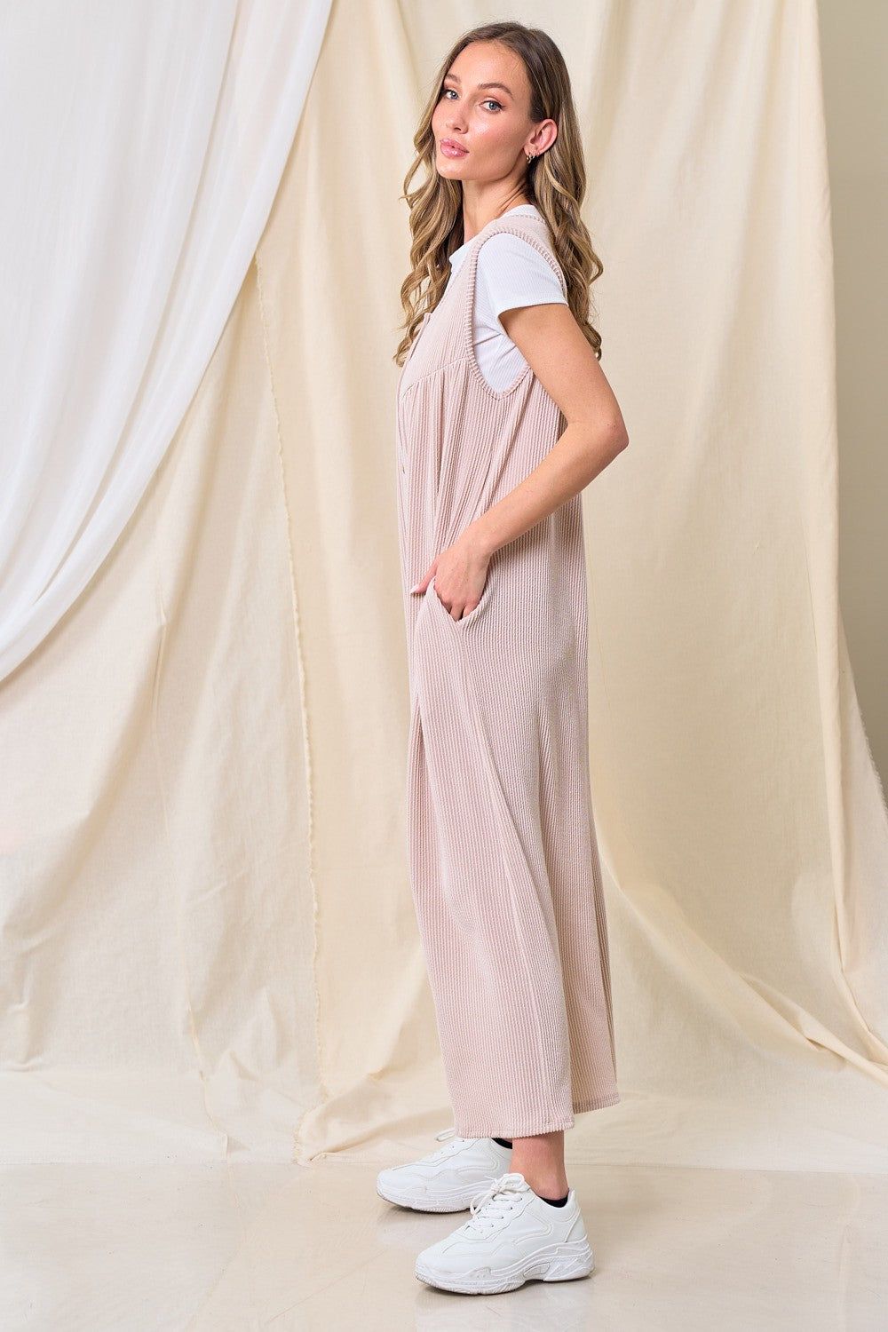 Beige Ribbed Sleeveless Button Front Jumpsuit sold by Pinkblush product image thumbnail 5