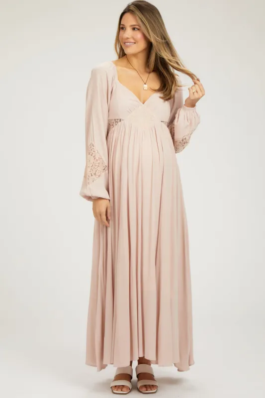 Light Pink Lace Accent Long Sleeve Maternity Maxi Dress sold by Pinkblush