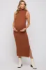 Camel Fuzzy Knit Sleeveless Turtle Neck Maternity Midi Dress sold by Pinkblush