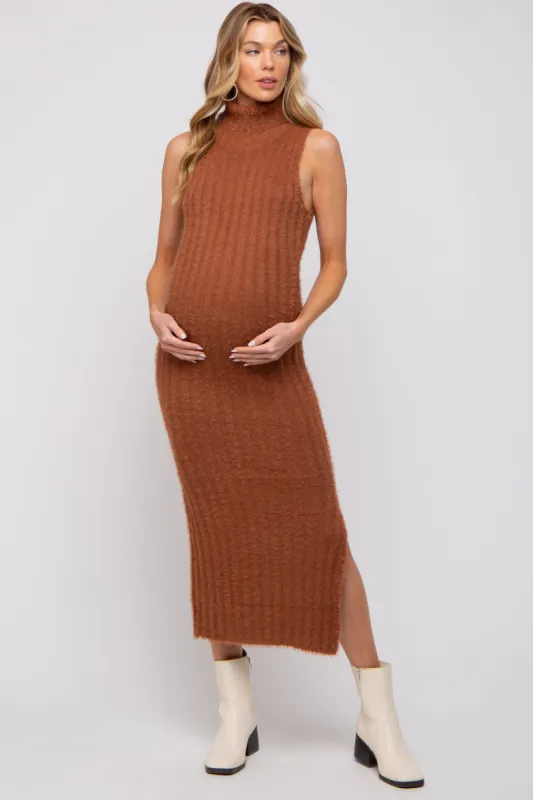 Camel Fuzzy Knit Sleeveless Turtle Neck Maternity Midi Dress sold by Pinkblush