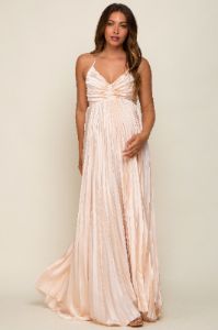 Beige Satin Pleated Cutout Maternity Gown sold by Pinkblush