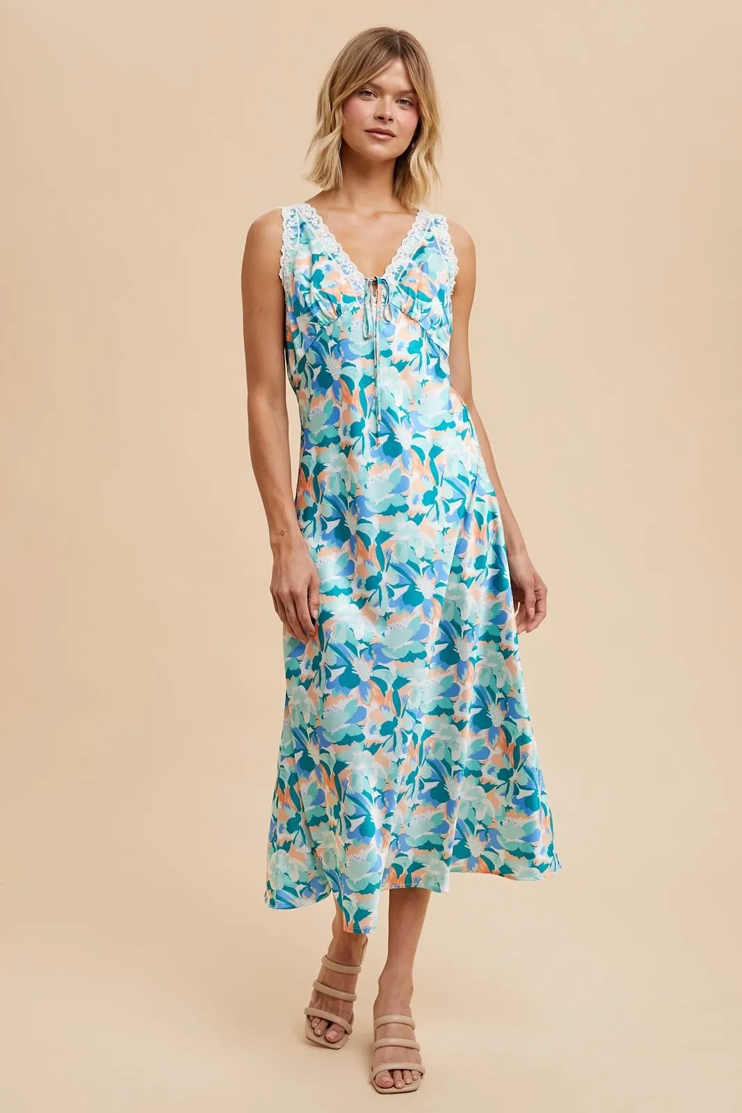 Blue Multi Satin Floral Sleeveless Midi Dress sold by Pinkblush product image thumbnail 2