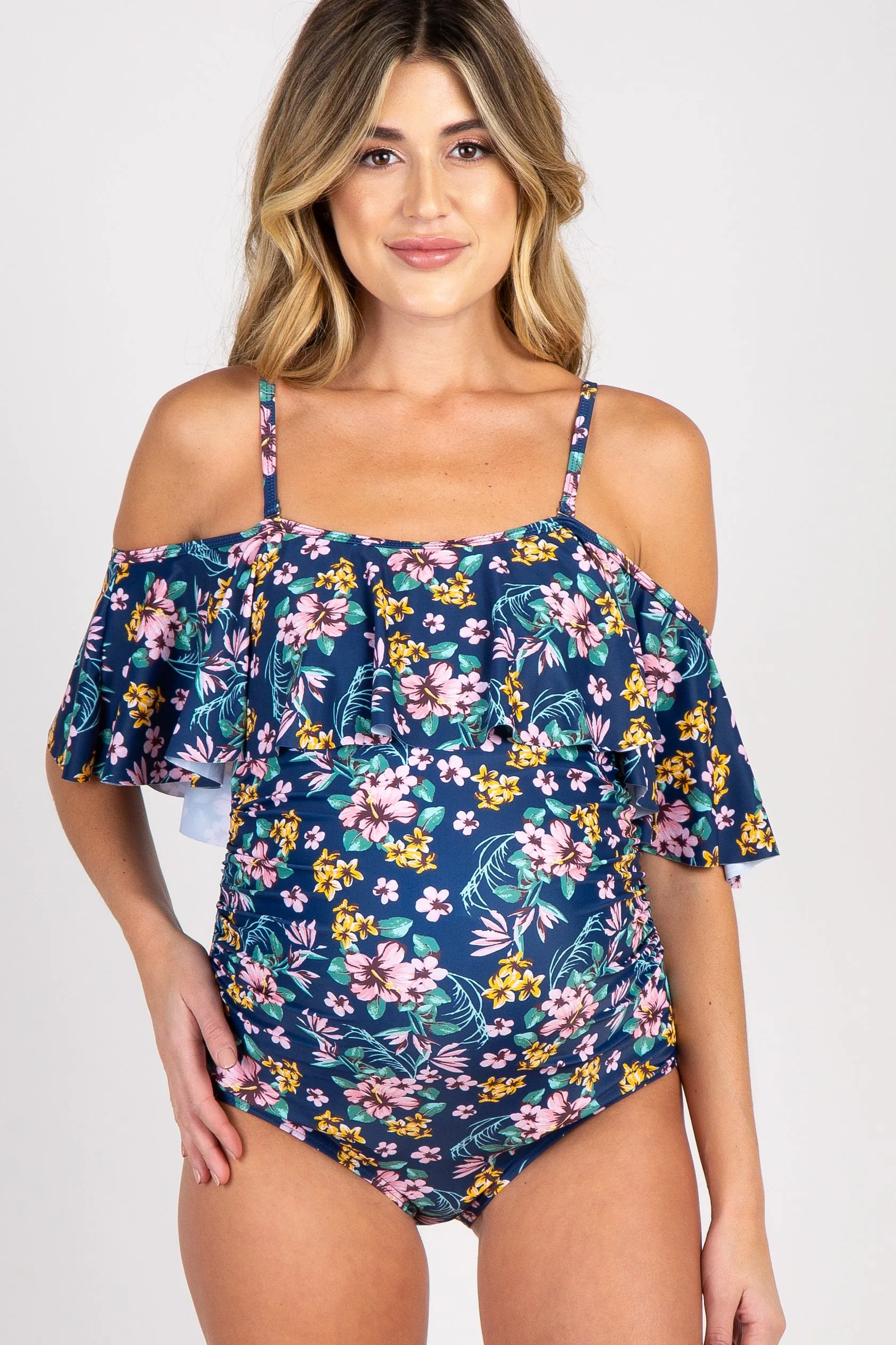 Blue Floral Ruffle Trim Ruched One-Piece Maternity Swimsuit sold by Pinkblush product image thumbnail 3