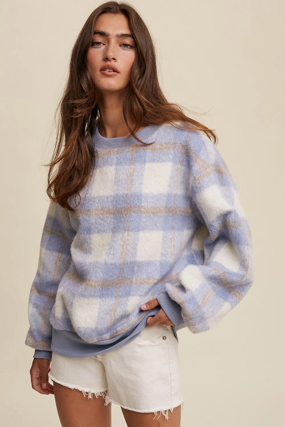 Light Blue Plaid Fuzzy Knit Pullover Sweater sold by Pinkblush