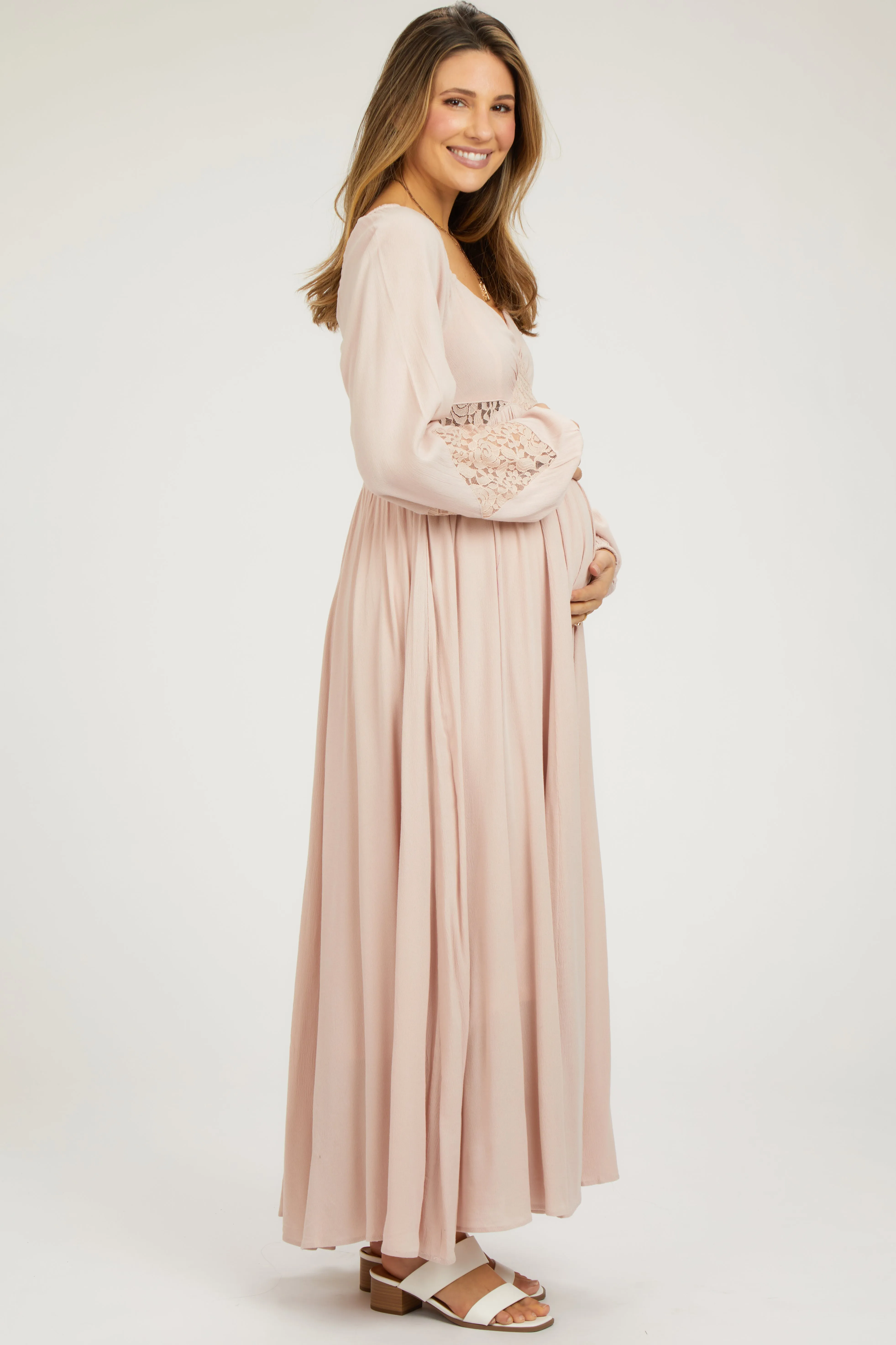 Light Pink Lace Accent Long Sleeve Maternity Maxi Dress sold by Pinkblush product image thumbnail 2