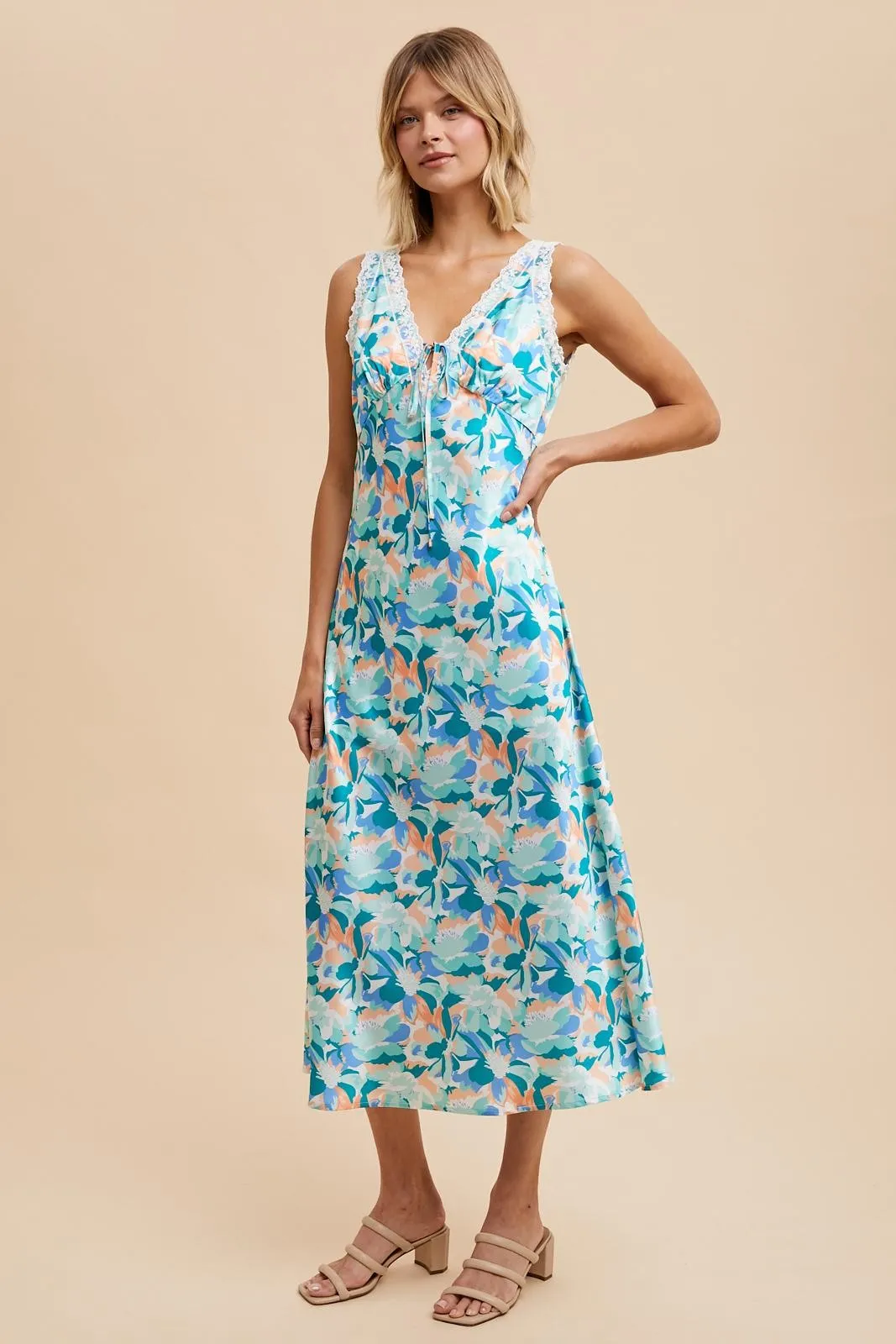 Blue Multi Satin Floral Sleeveless Midi Dress sold by Pinkblush product image thumbnail 3