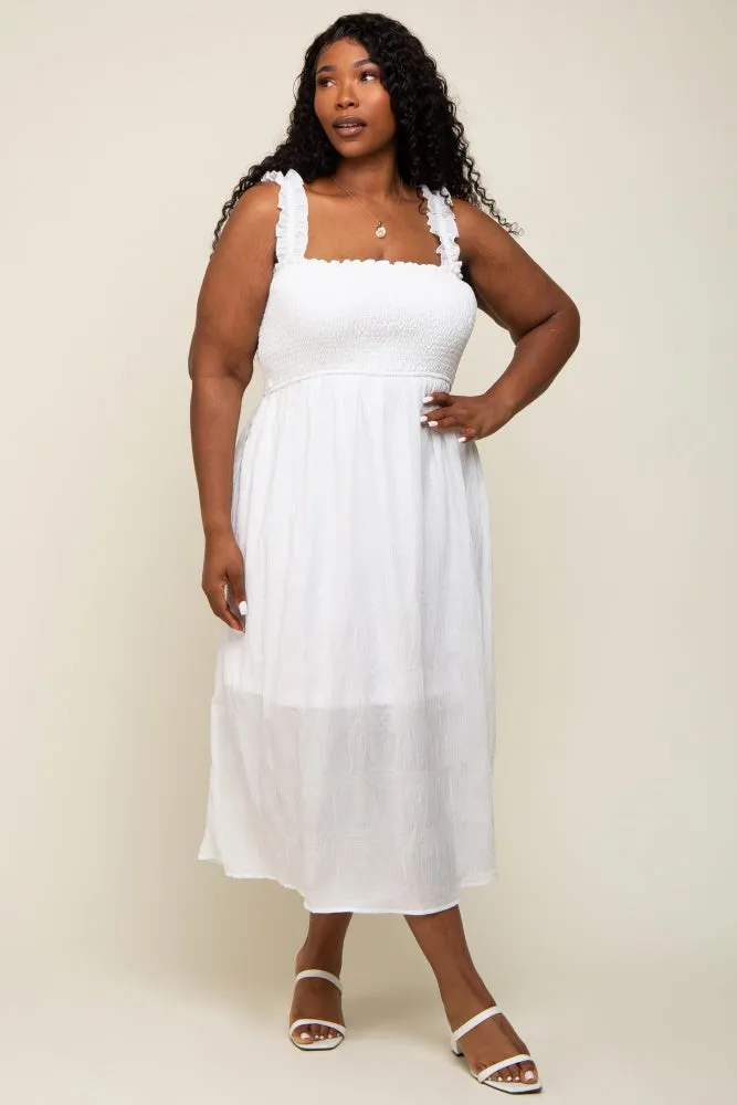 White Smocked Square Neck Plus Midi Dress sold by Pinkblush
