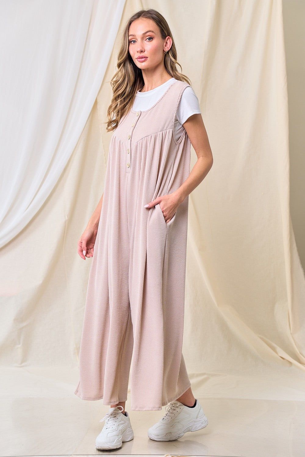 Beige Ribbed Sleeveless Button Front Jumpsuit sold by Pinkblush product image thumbnail 4