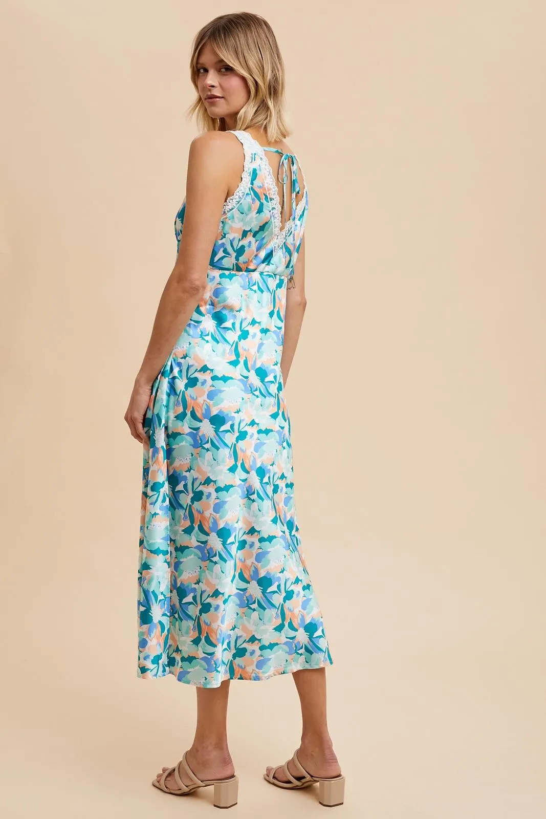 Blue Multi Satin Floral Sleeveless Midi Dress sold by Pinkblush product image thumbnail 4