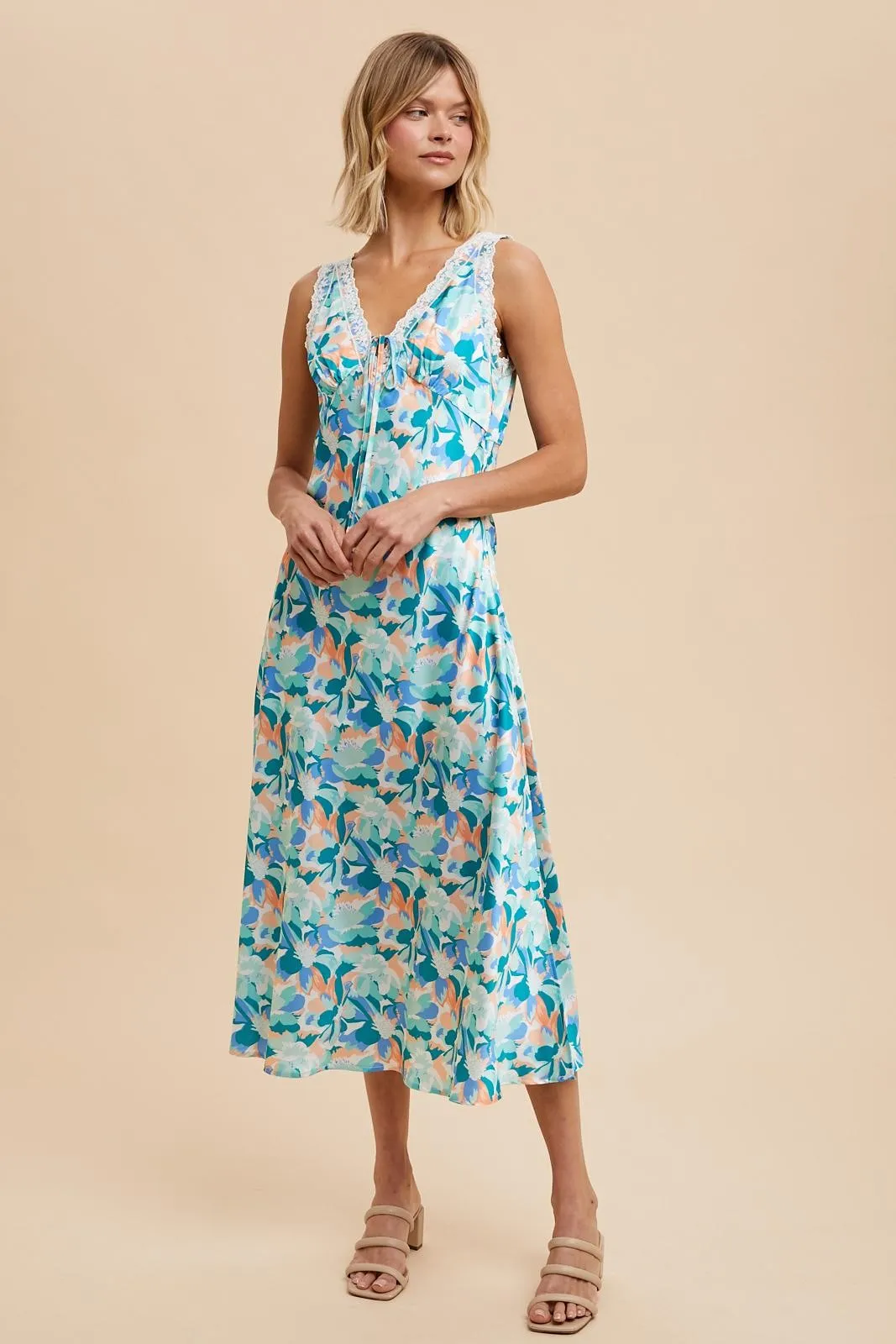 Blue Multi Satin Floral Sleeveless Midi Dress sold by Pinkblush