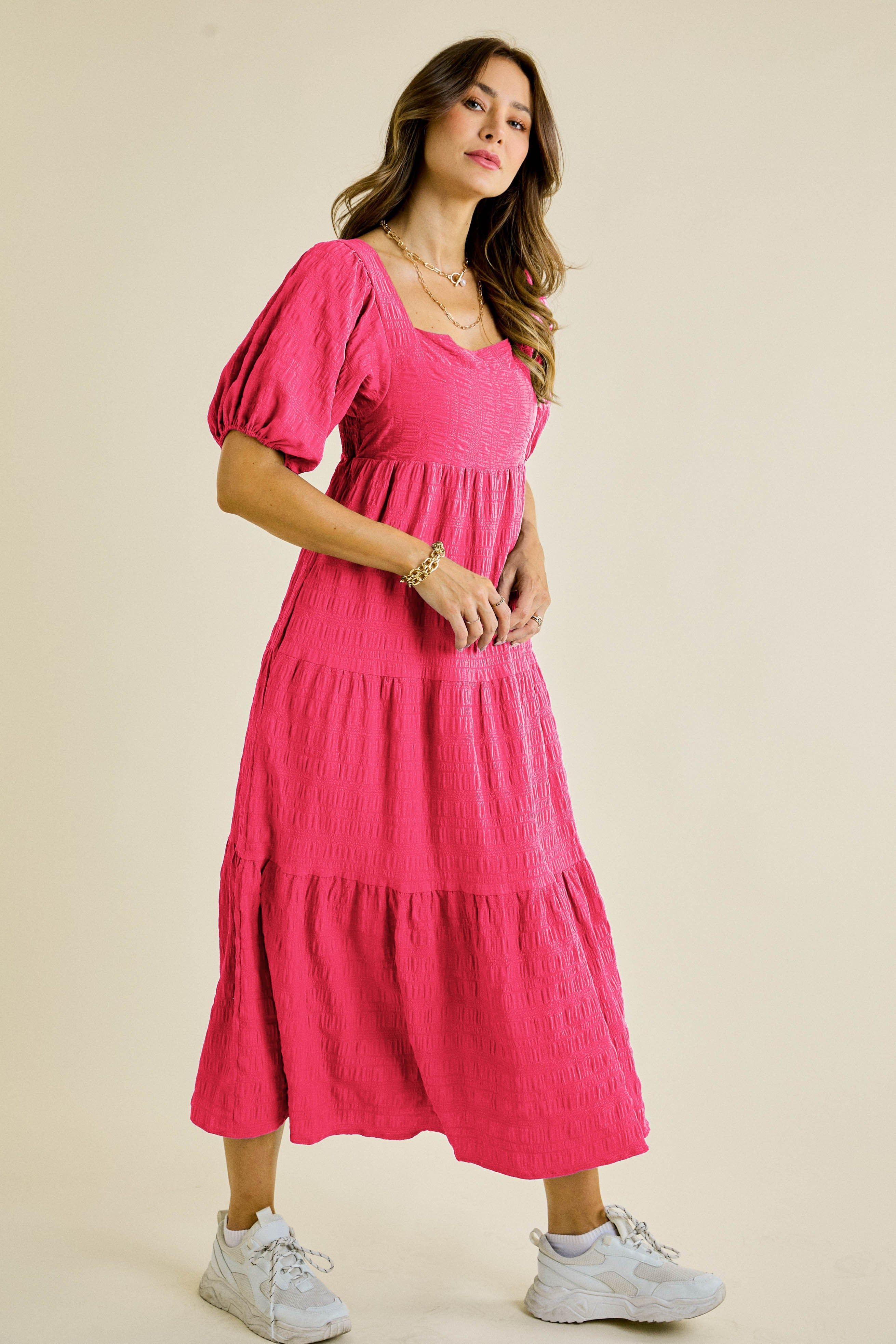 Hot Pink Square Neck Puffy Maxi Dress sold by Pinkblush
