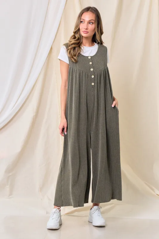 Olive Ribbed Sleeveless Button Front Jumpsuit sold by Pinkblush