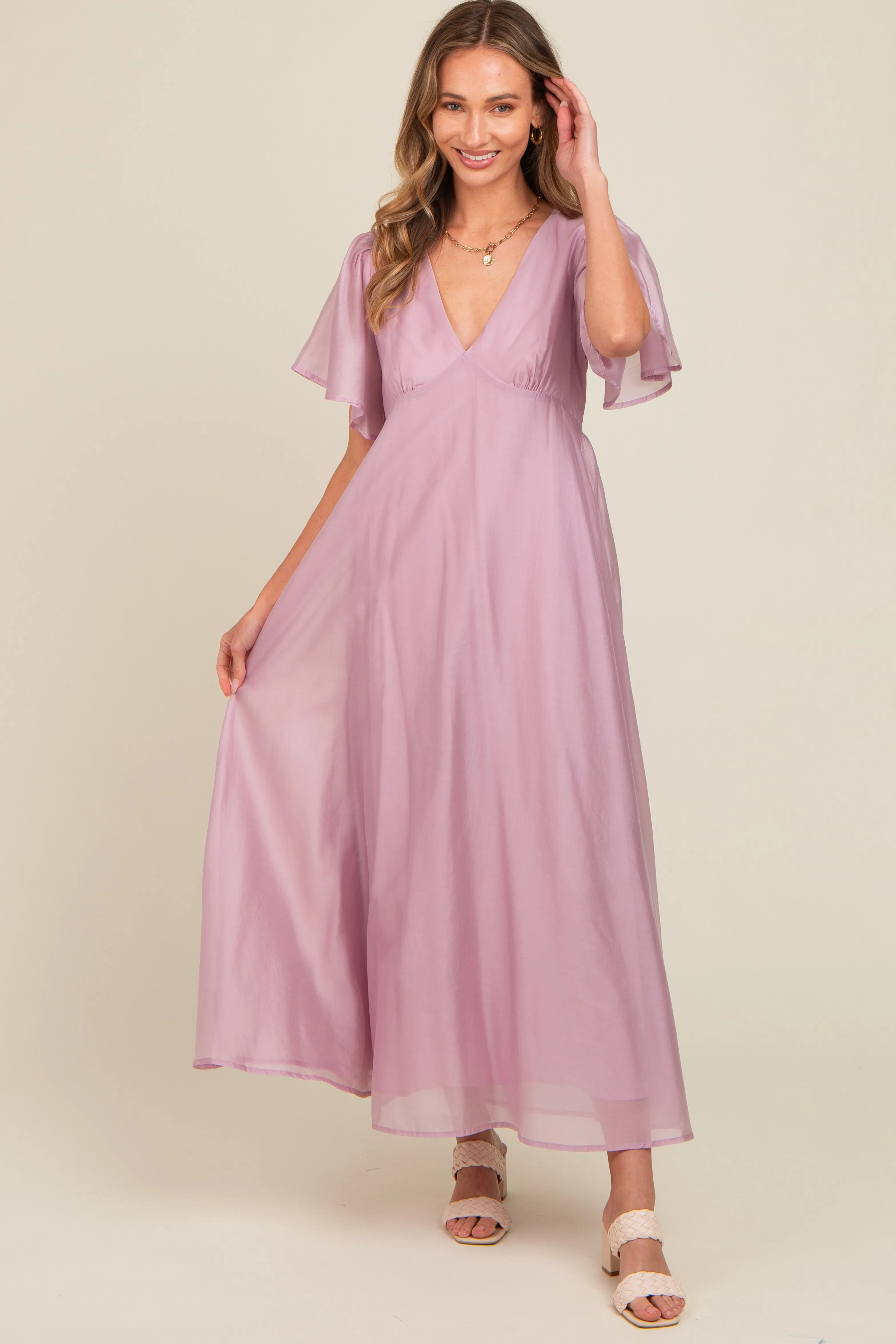 Lavender V-Neck Flutter Sleeve Maxi Dress sold by Pinkblush