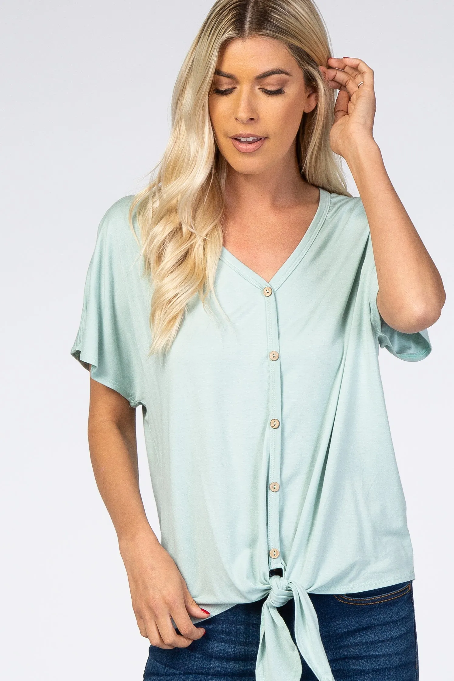 Mint Tie Front Short Sleeve Top sold by Pinkblush