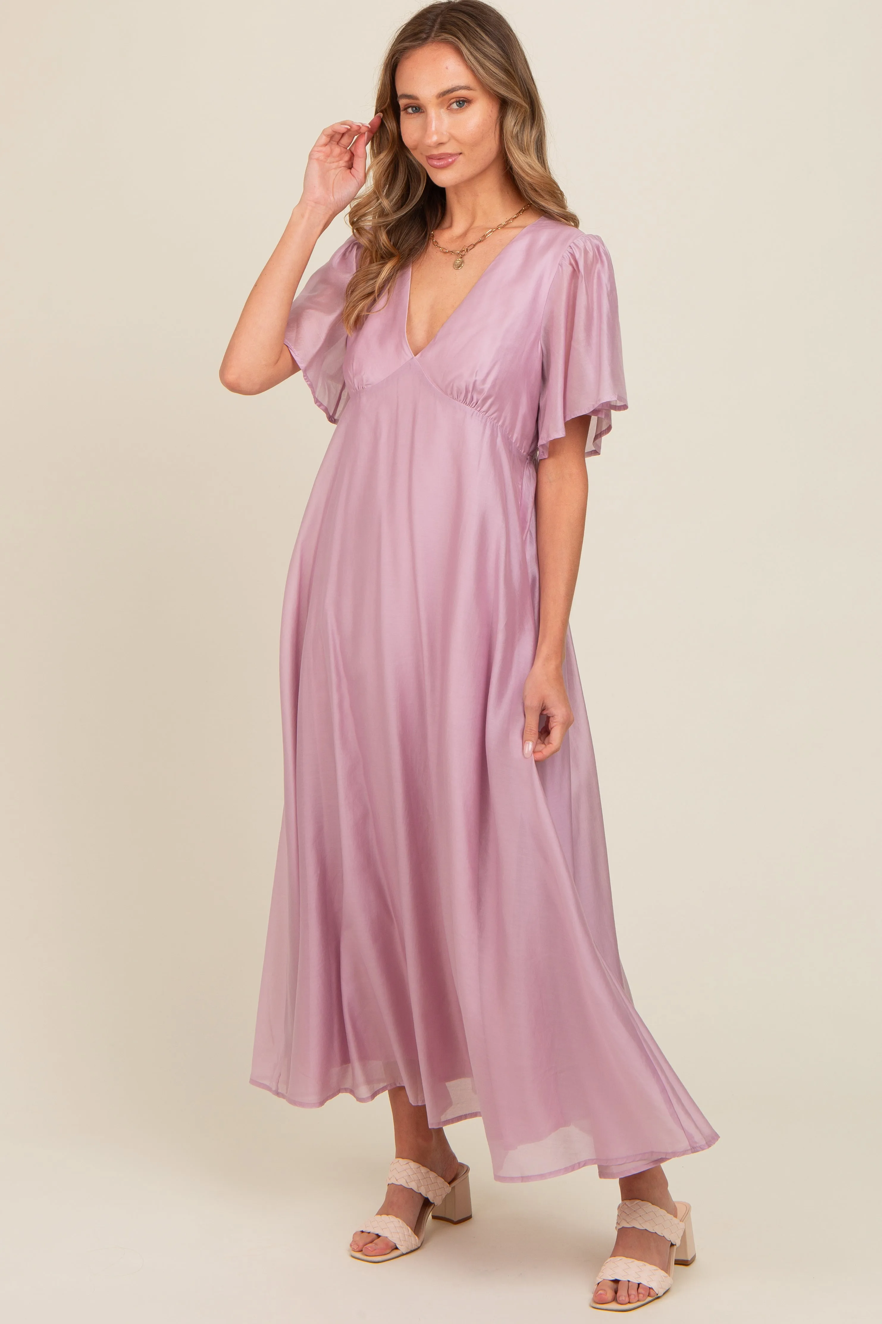 Lavender V-Neck Flutter Sleeve Maxi Dress sold by Pinkblush product image thumbnail 2