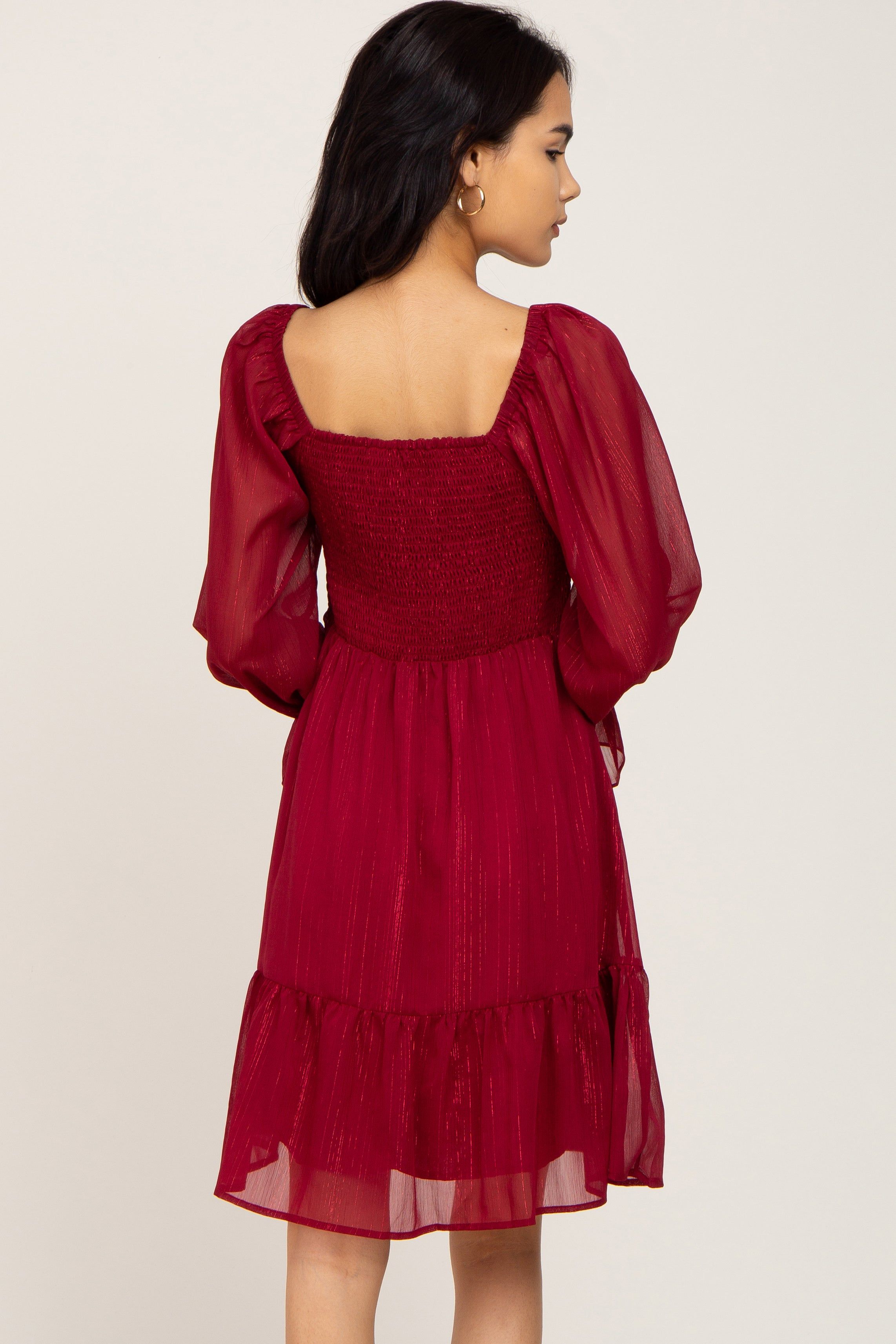 Burgundy Metallic Stripe Smocked Dress sold by Pinkblush product image thumbnail 4