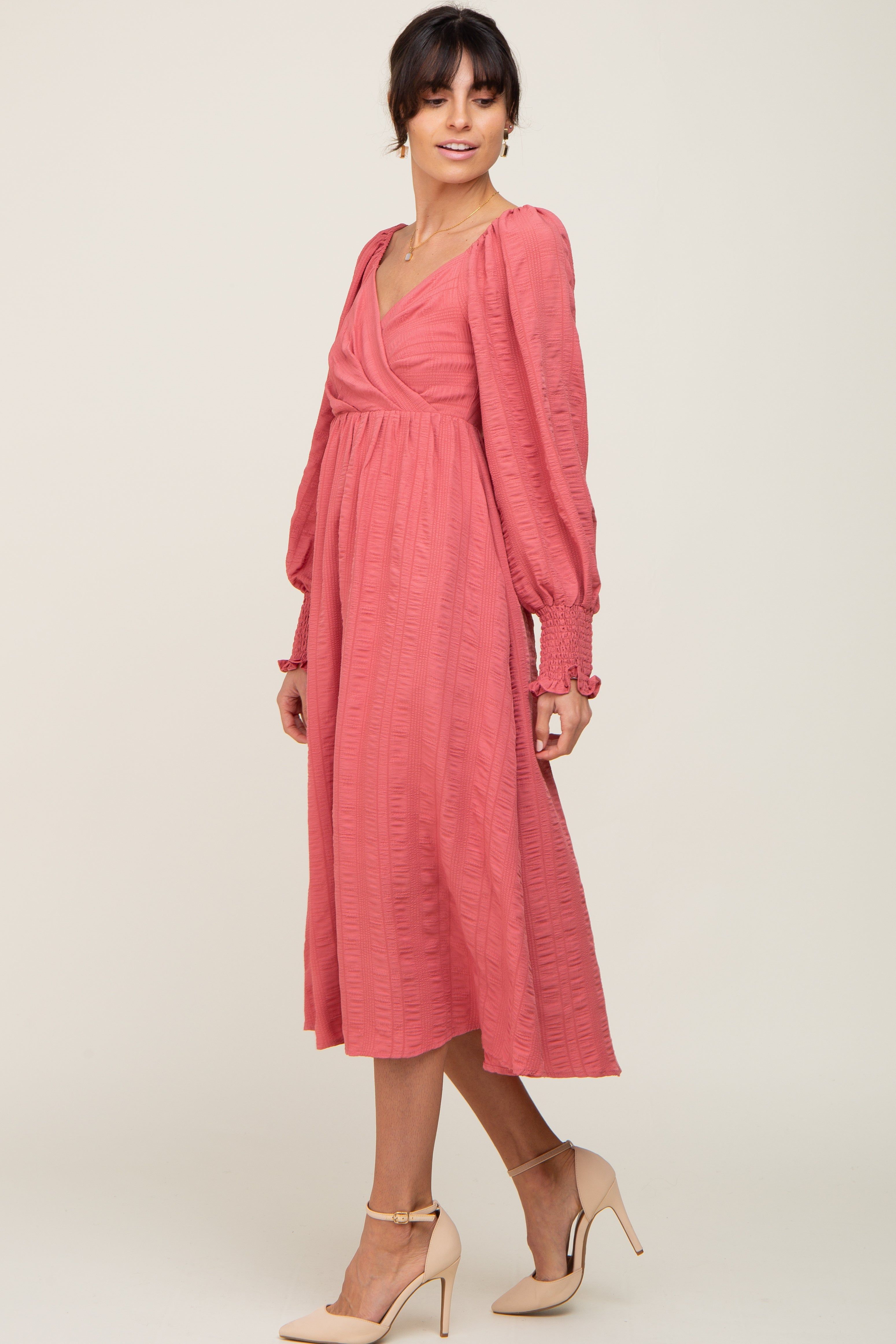 Mauve Wrap Smocked Accent Long Sleeve Dress sold by Pinkblush product image thumbnail 2