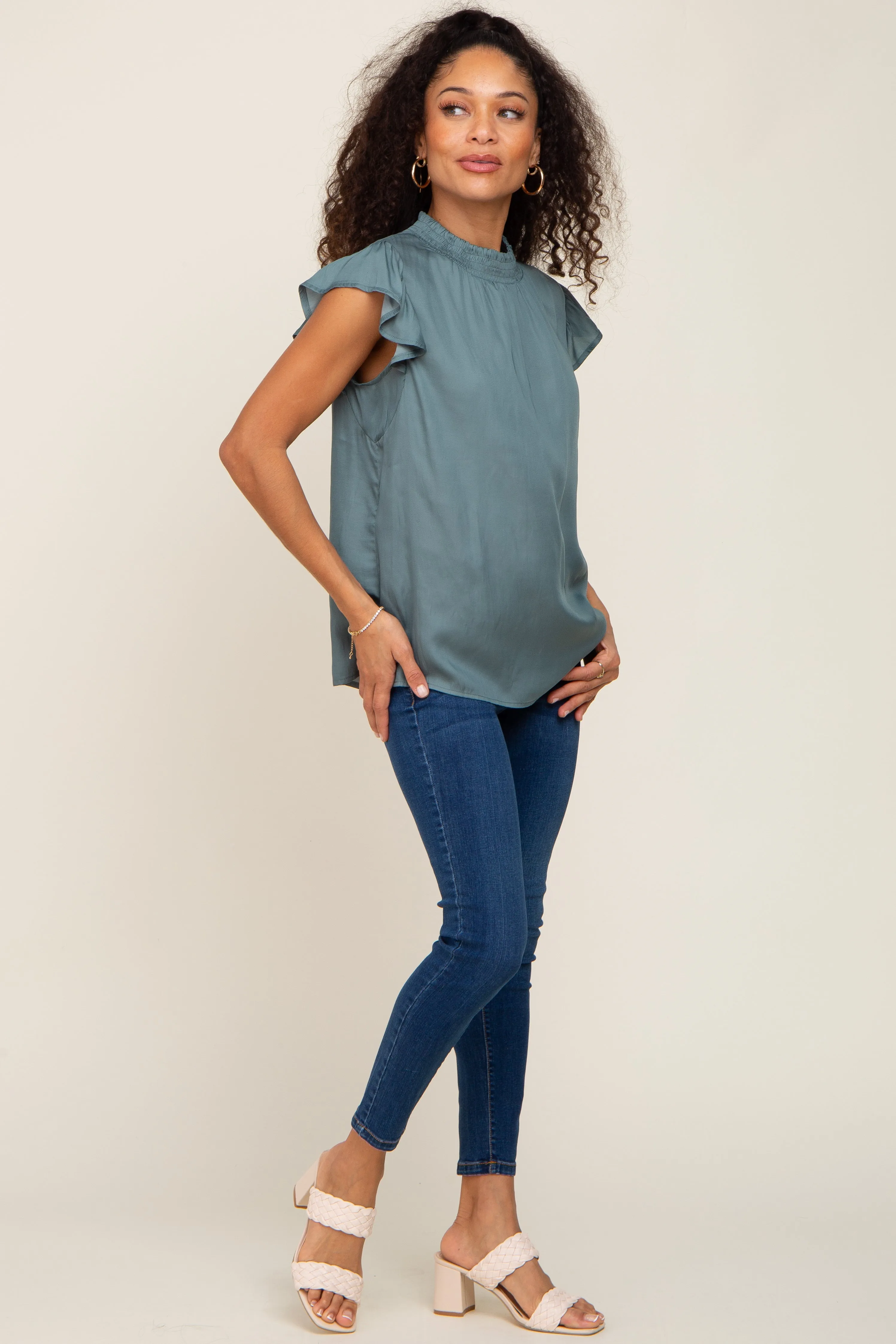 Dark Teal Mock Neck Flutter Blouse sold by Pinkblush product image thumbnail 4