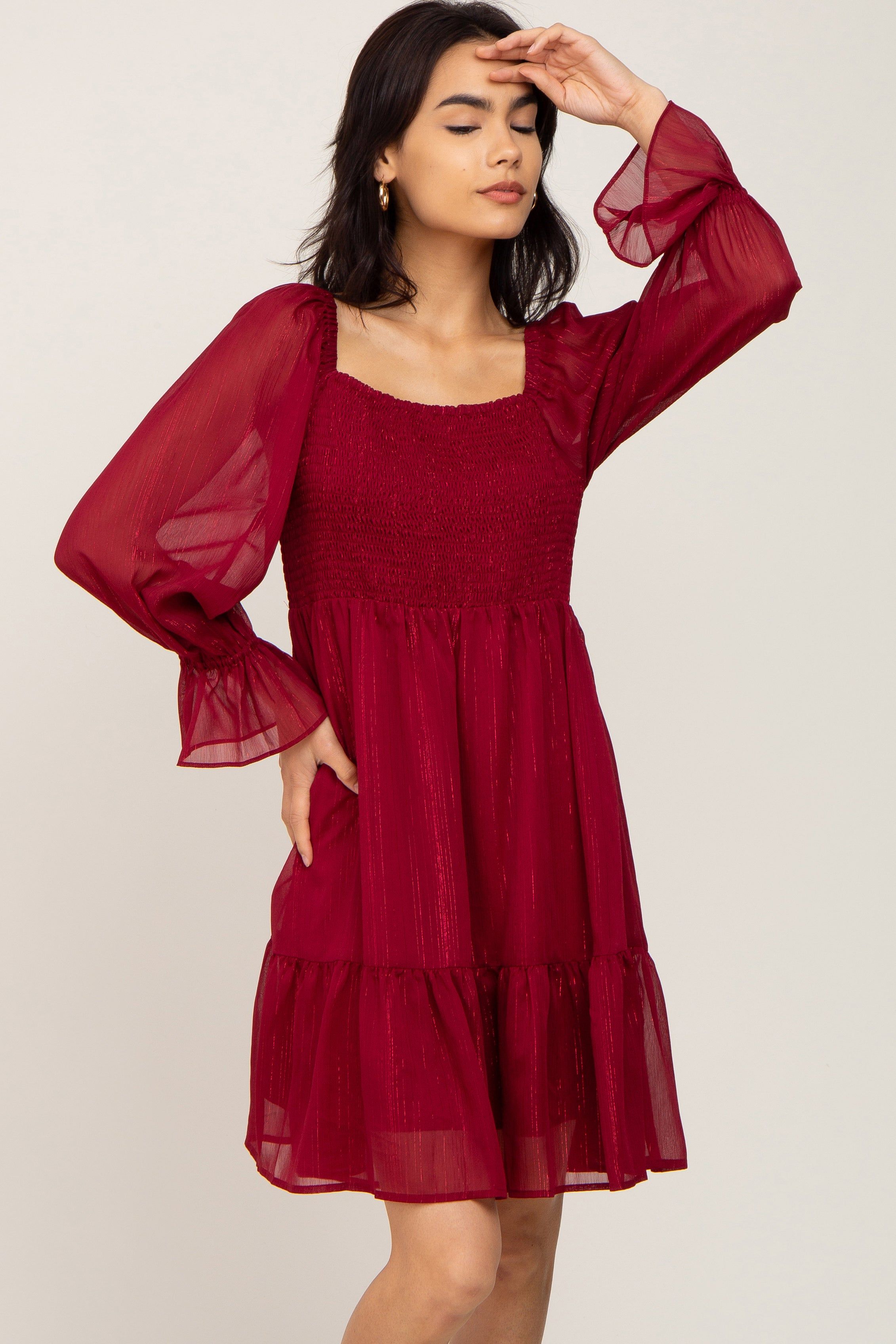 Burgundy Metallic Stripe Smocked Dress sold by Pinkblush product image thumbnail 2