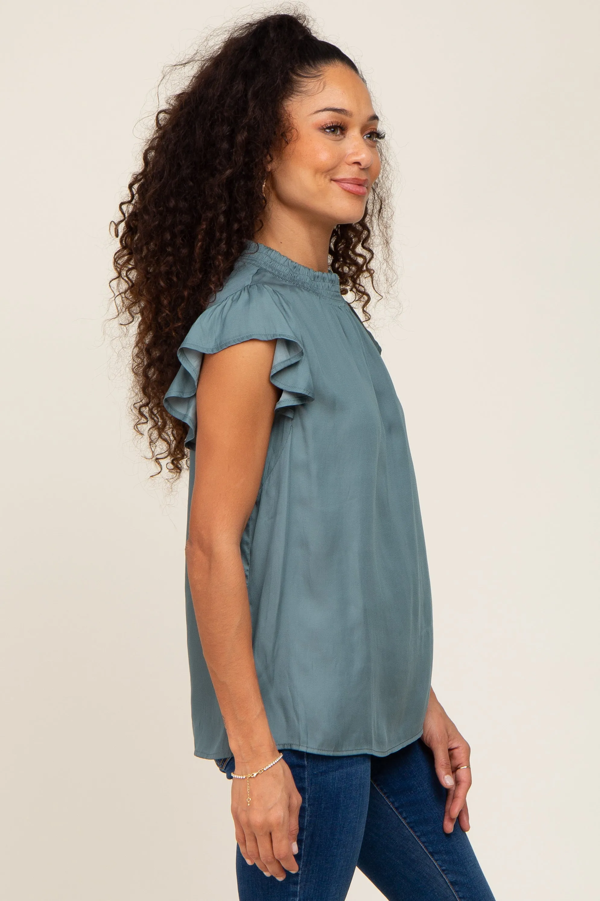 Dark Teal Mock Neck Flutter Blouse sold by Pinkblush product image thumbnail 2