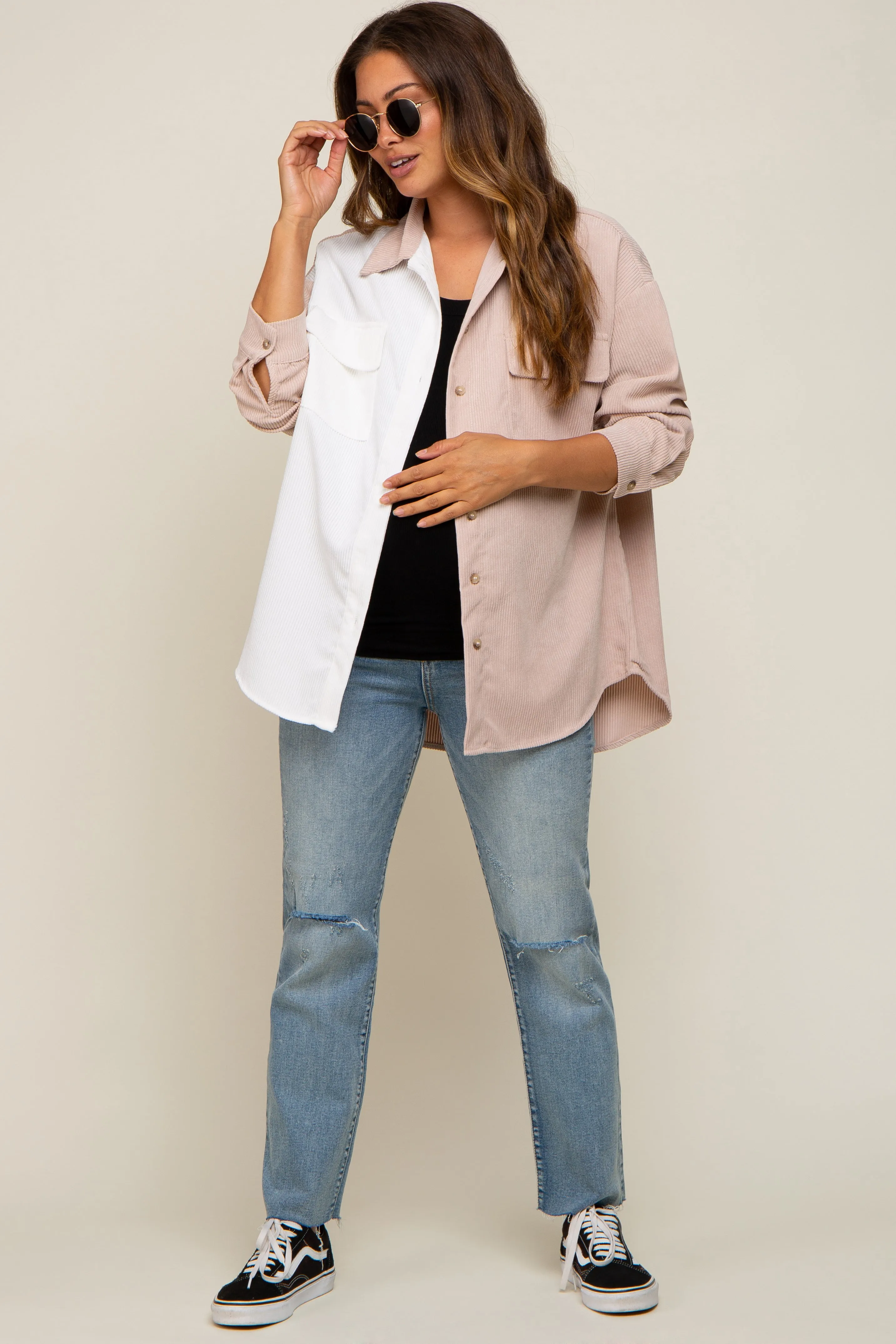 Beige Color Blocked Corduroy Button Down Maternity Top sold by Pinkblush product image thumbnail 4