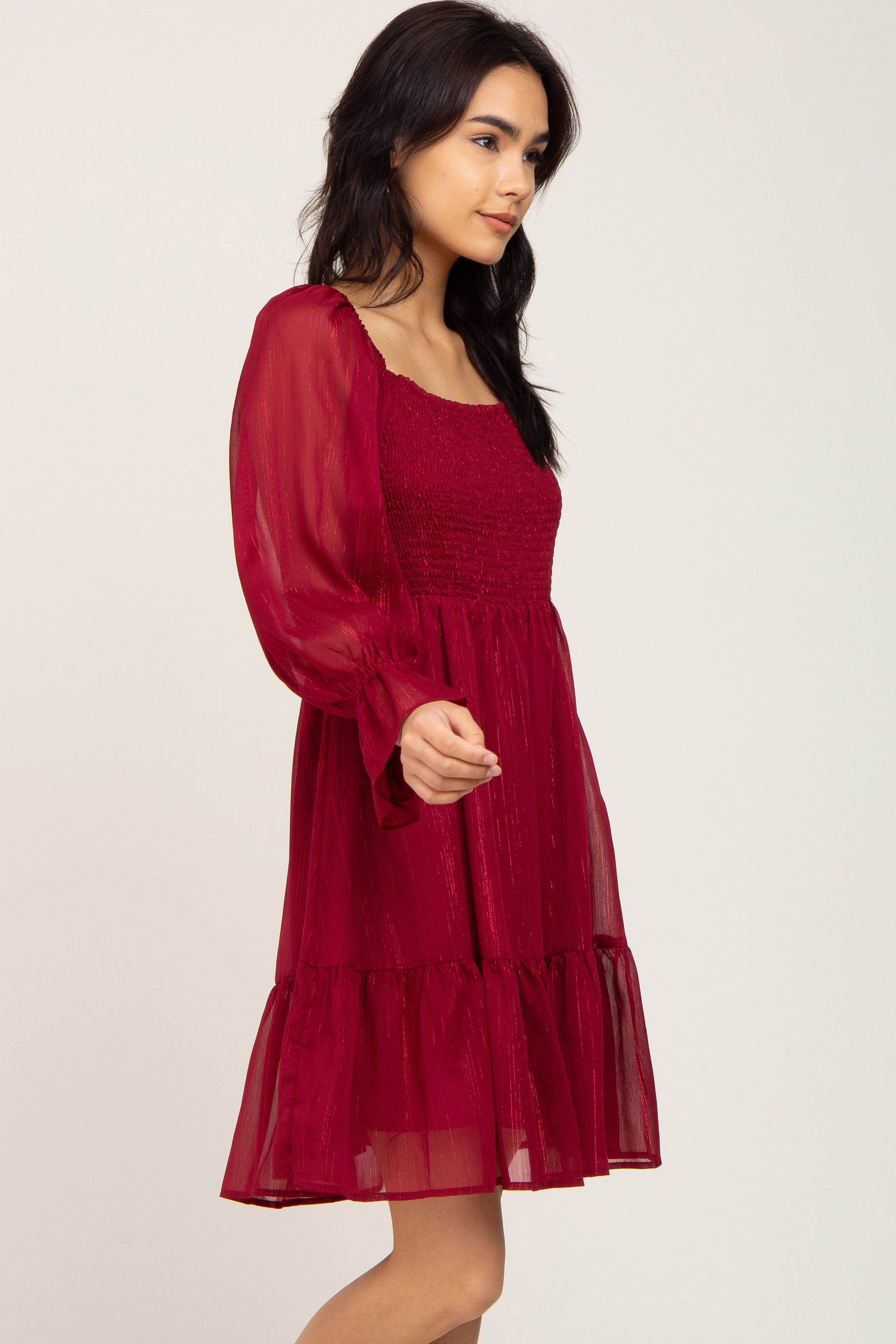 Burgundy Metallic Stripe Smocked Dress sold by Pinkblush product image thumbnail 3