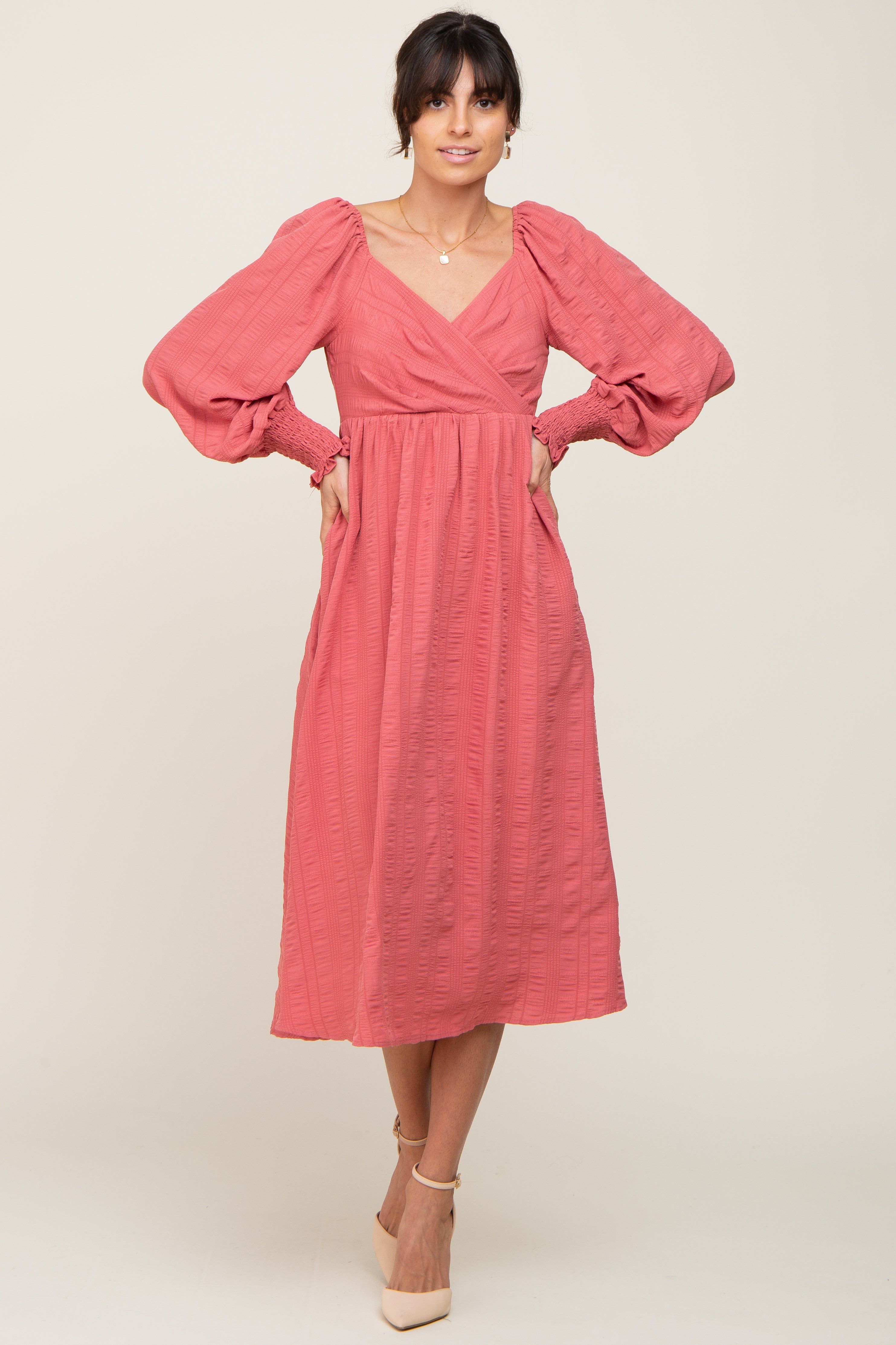 Mauve Wrap Smocked Accent Long Sleeve Dress sold by Pinkblush product image thumbnail 4