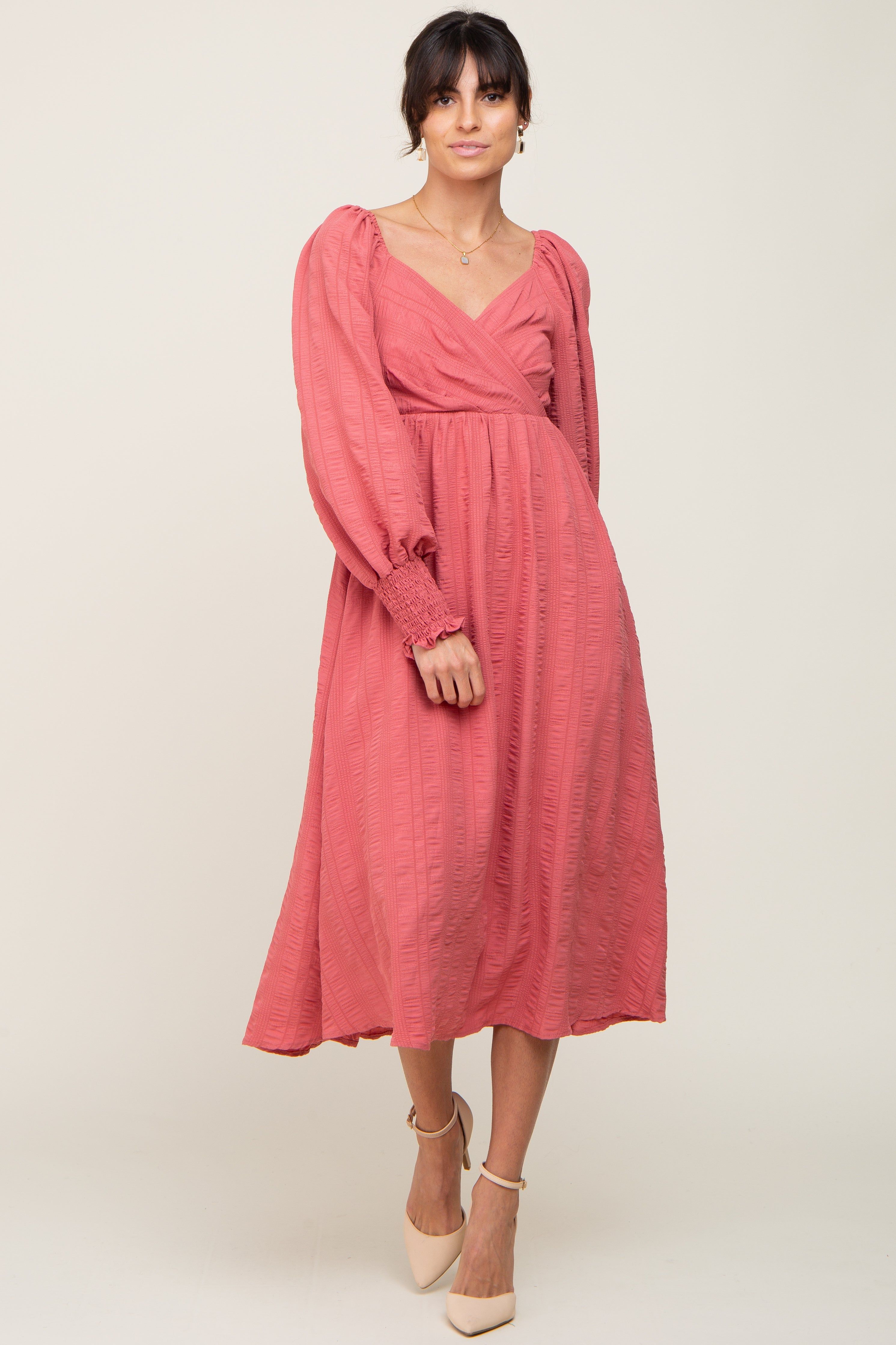 Mauve Wrap Smocked Accent Long Sleeve Dress sold by Pinkblush