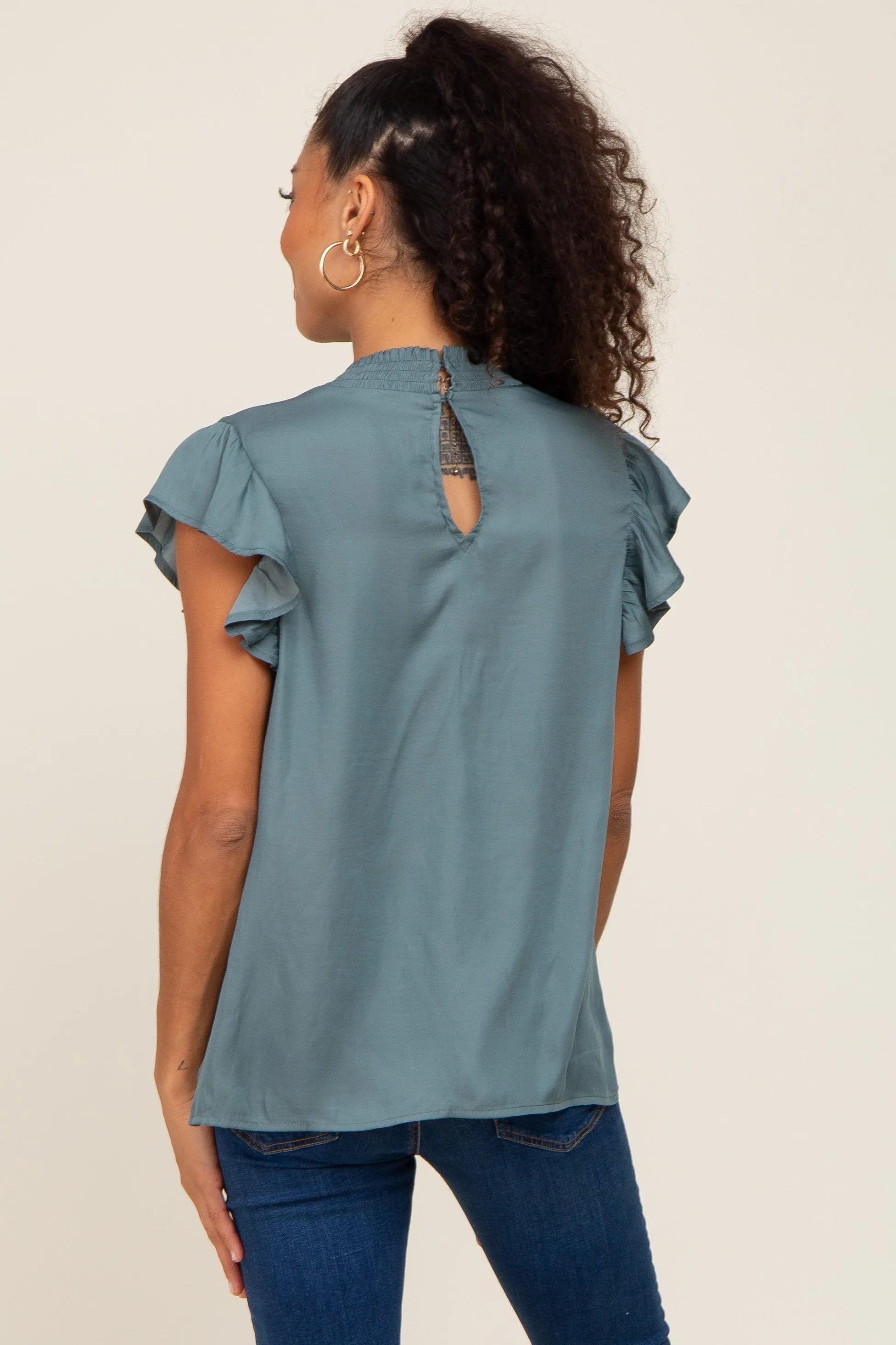 Dark Teal Mock Neck Flutter Blouse sold by Pinkblush product image thumbnail 3