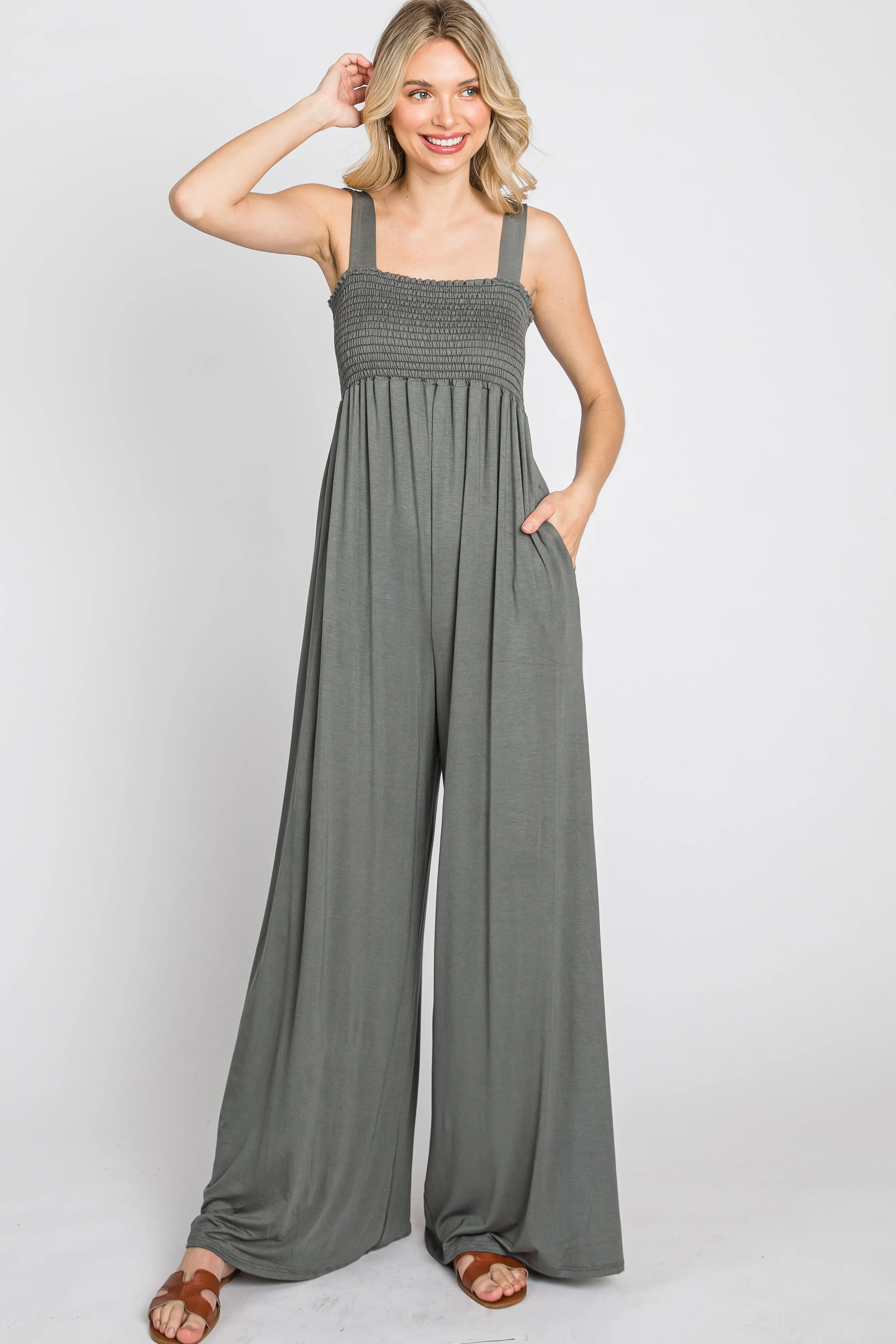 Olive Sleeveless Wide Leg Jumpsuit sold by Pinkblush product image thumbnail 3