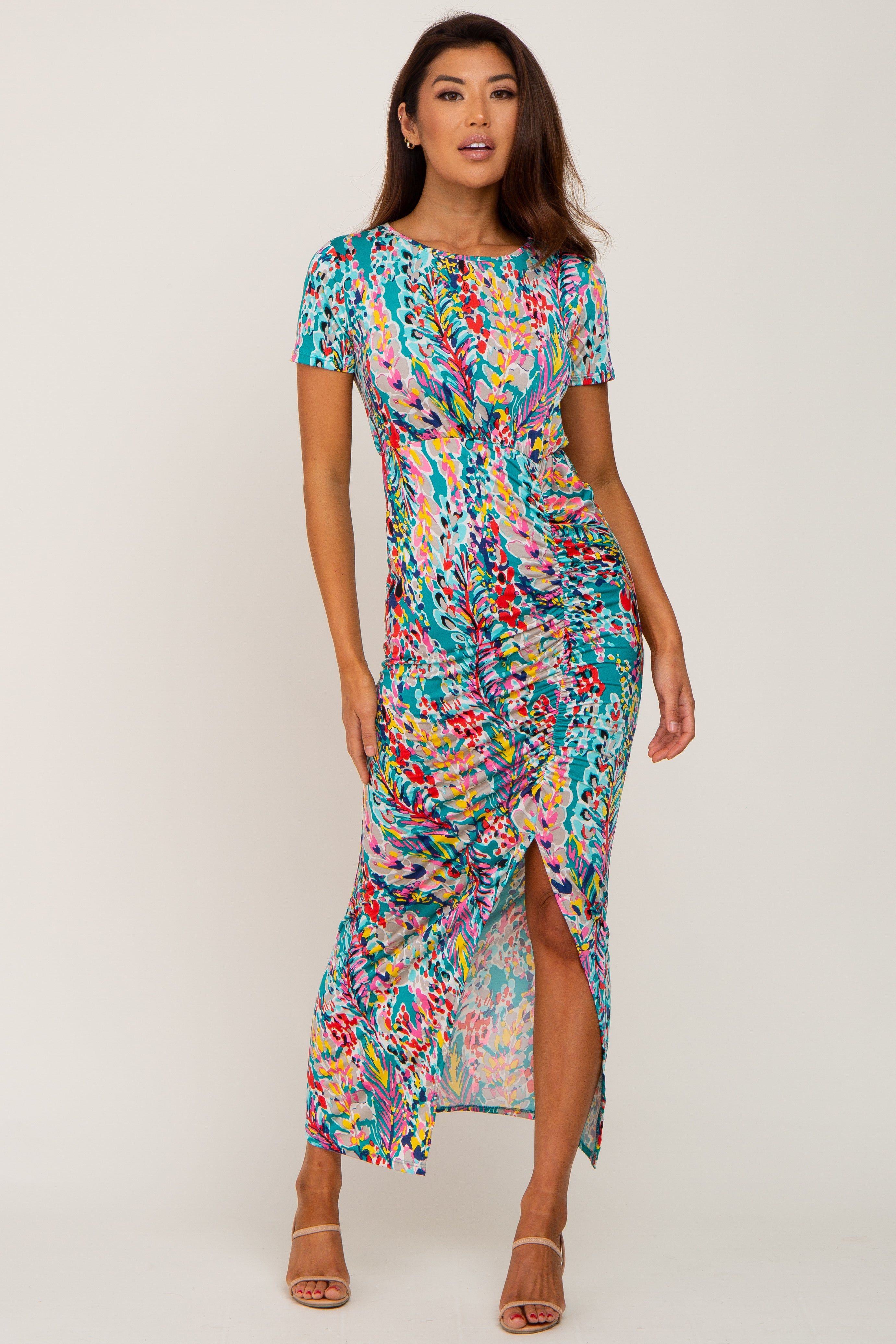 Jade Multi-Color Floral Side Slit Maxi Dress sold by Pinkblush