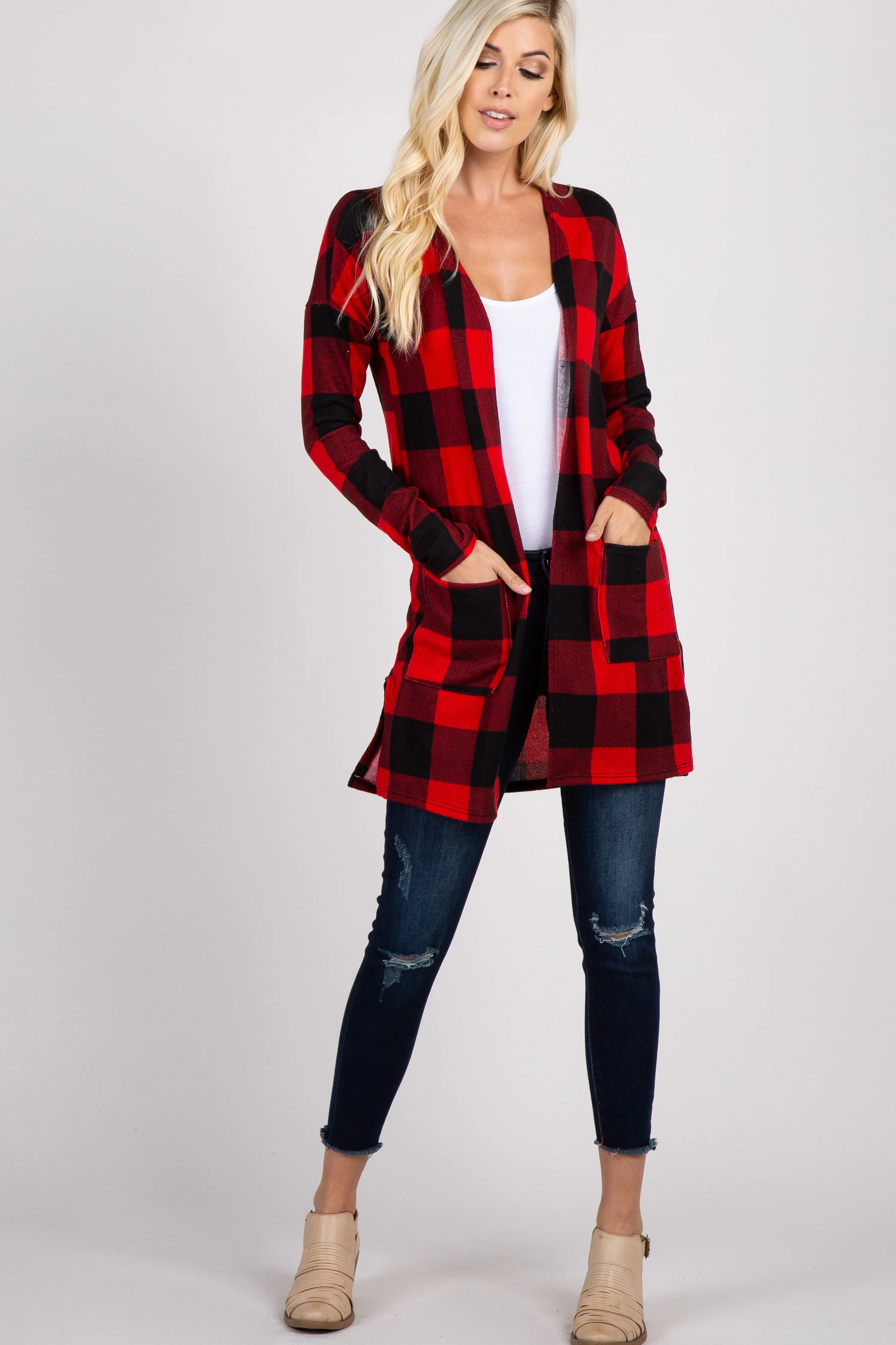 Red Plaid Long Sleeve Cardigan sold by Pinkblush
