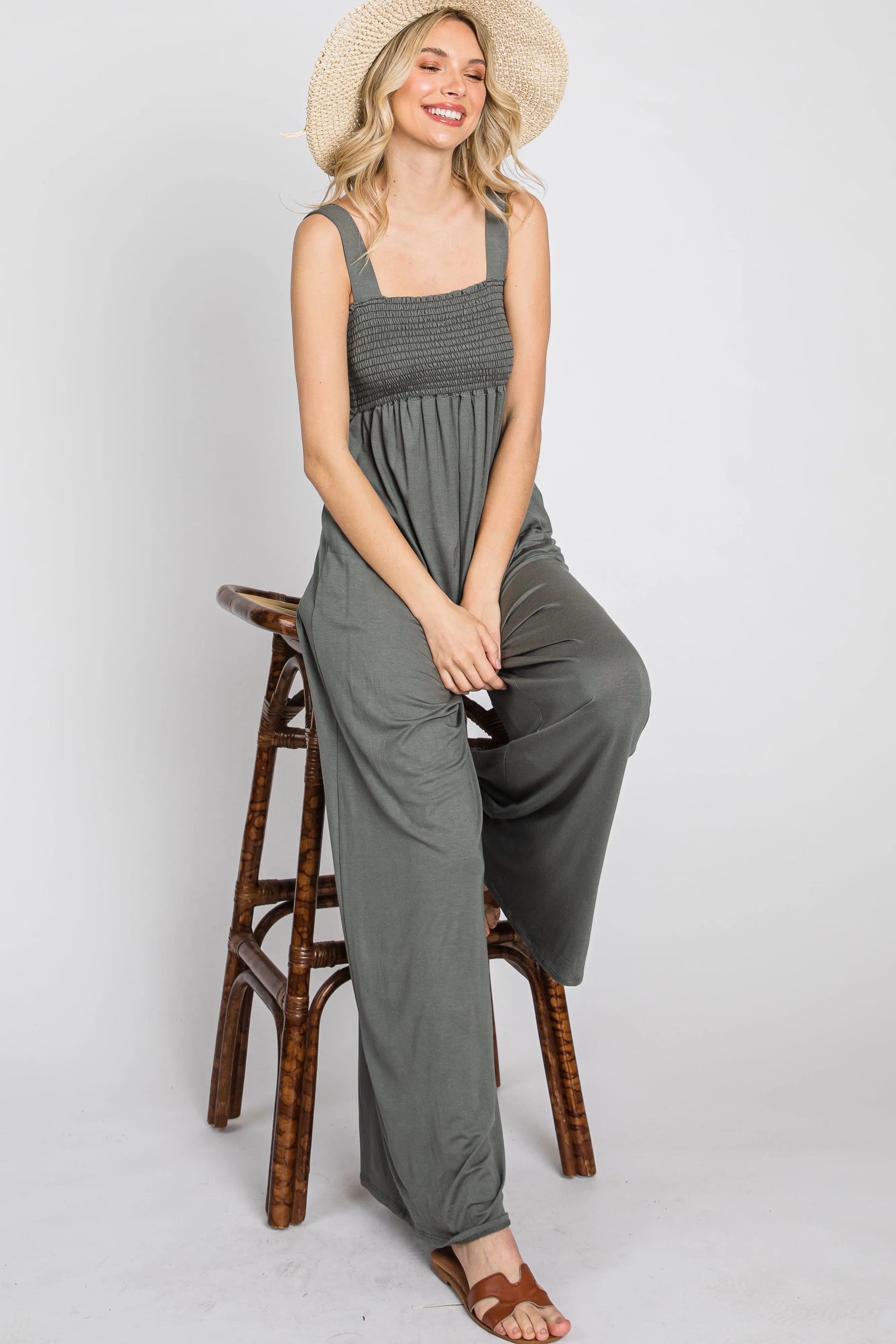 Olive Sleeveless Wide Leg Jumpsuit sold by Pinkblush