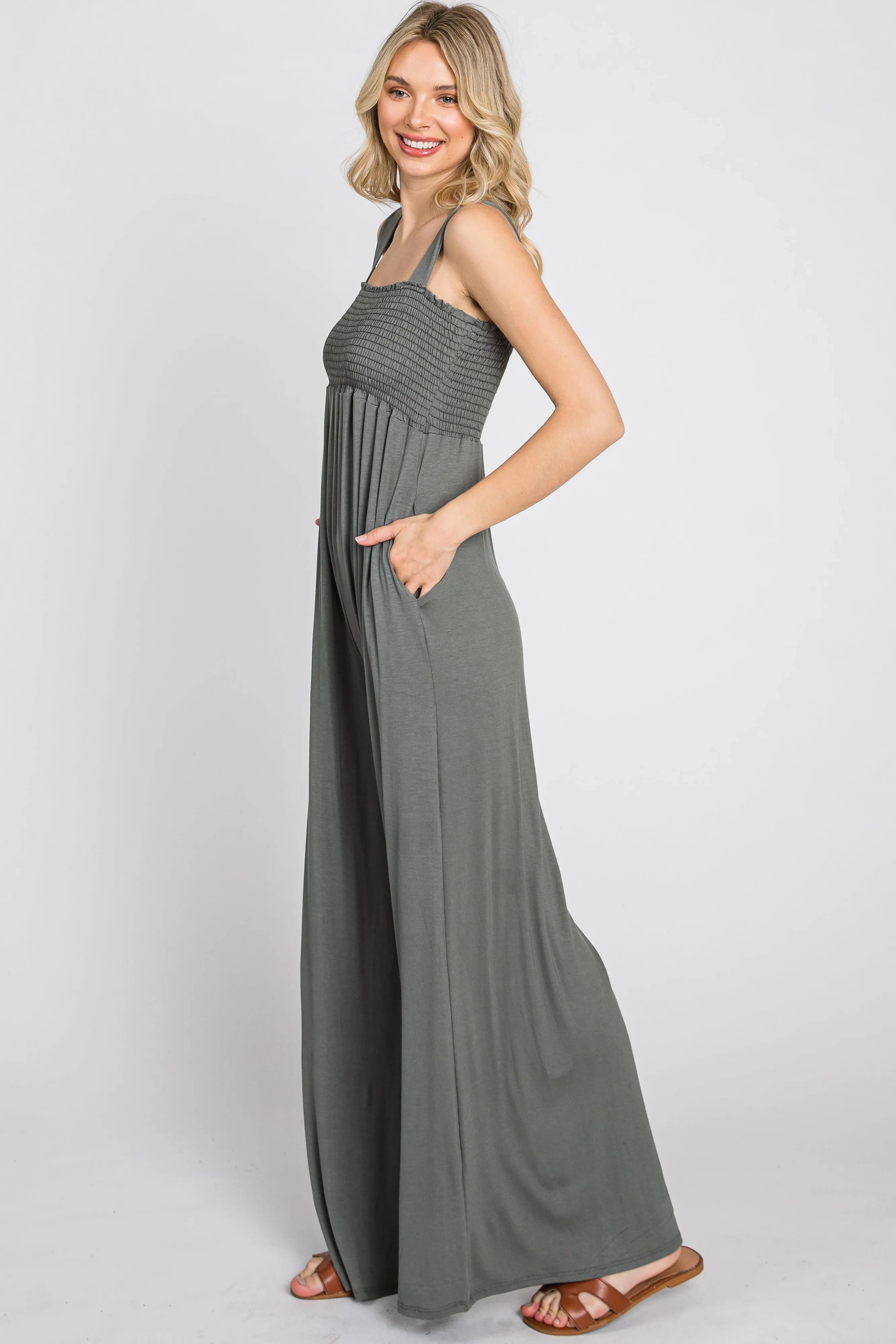 Olive Sleeveless Wide Leg Jumpsuit sold by Pinkblush product image thumbnail 5
