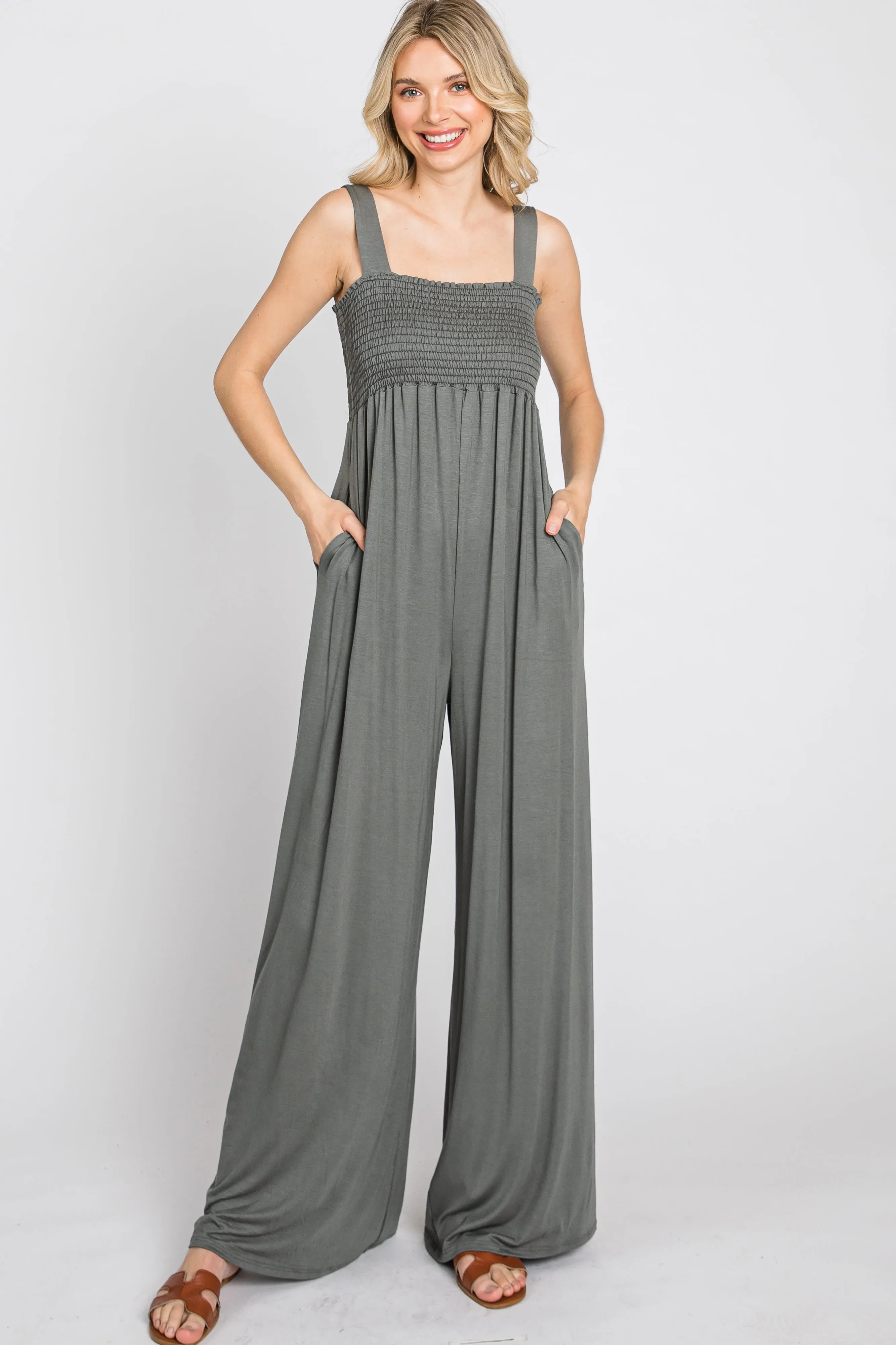 Olive Sleeveless Wide Leg Jumpsuit sold by Pinkblush product image thumbnail 2