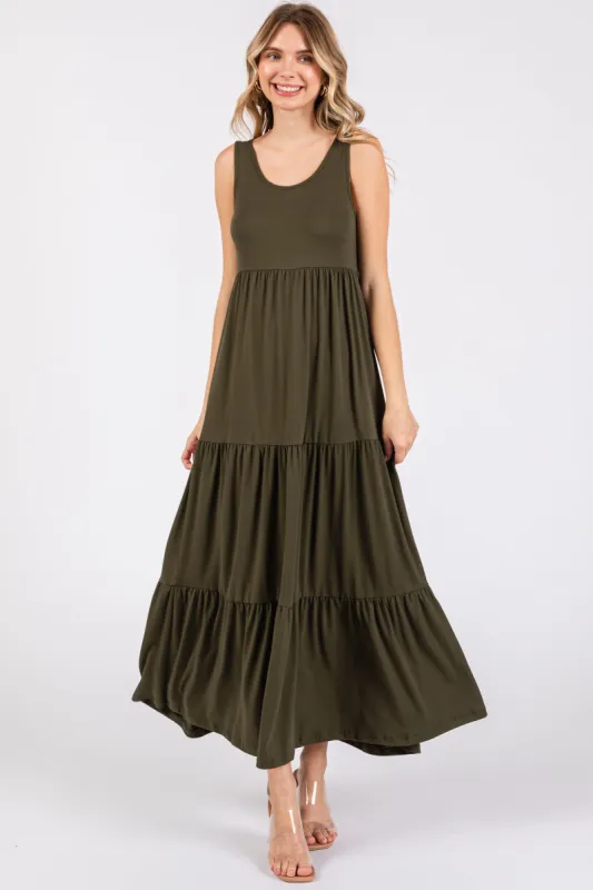Olive Sleeveless Scoop Back Tiered Maxi Dress sold by Pinkblush