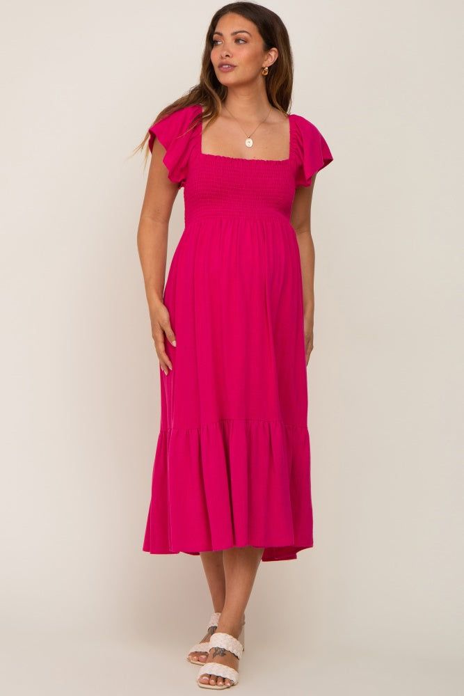 Fuchsia Smocked Ruffle Hem Maternity Midi Dress sold by Pinkblush product image thumbnail 4
