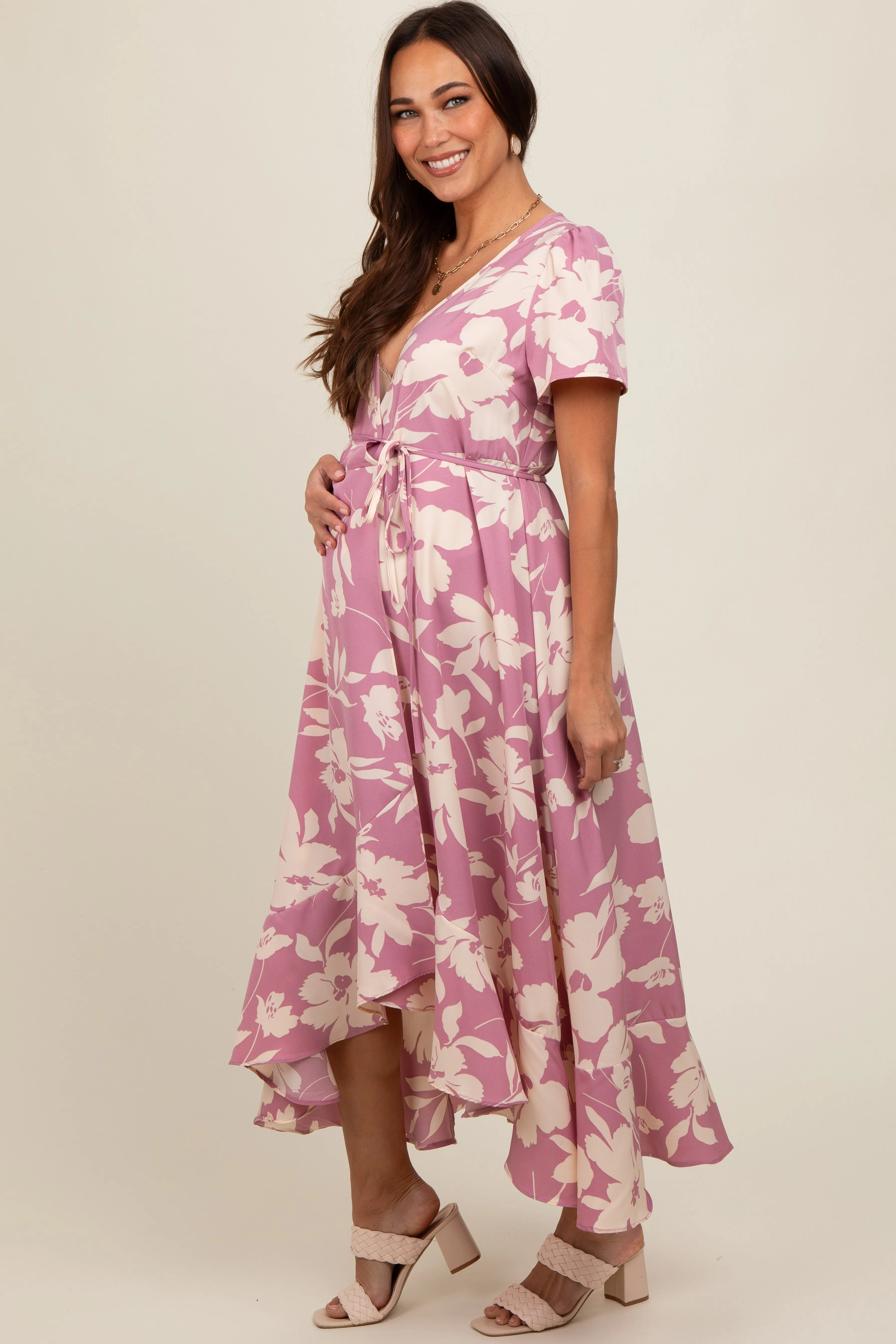 Pink Floral V Neck High Low Maternity Dress sold by Pinkblush product image thumbnail 3