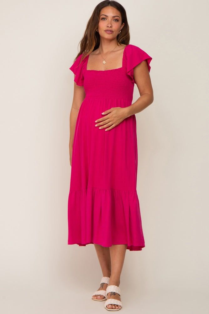 Fuchsia Smocked Ruffle Hem Maternity Midi Dress sold by Pinkblush
