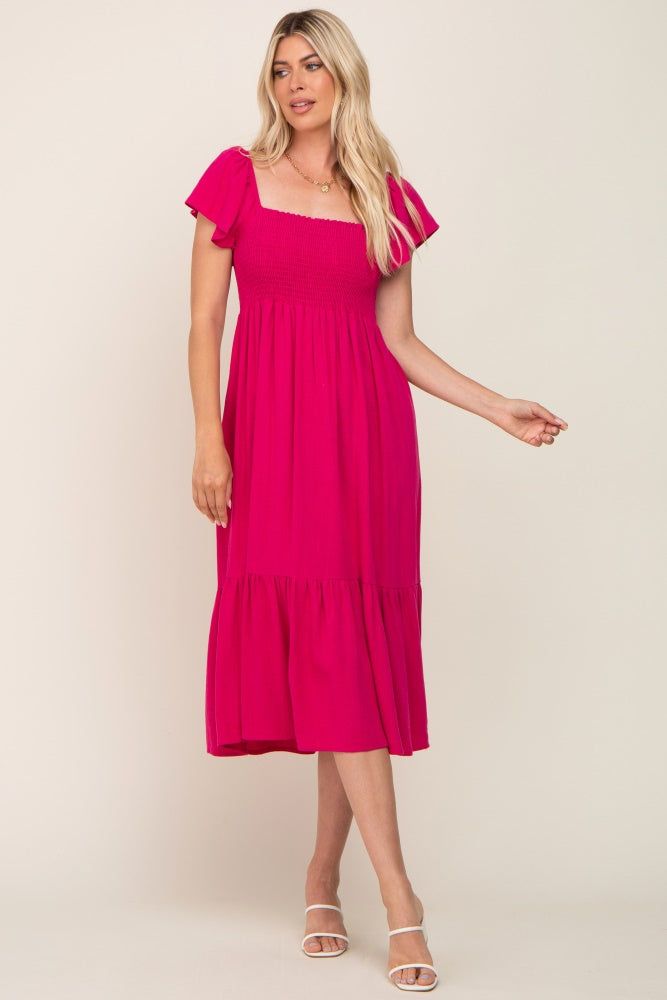Fuchsia Smocked Ruffle Hem Maternity Midi Dress sold by Pinkblush product image thumbnail 5