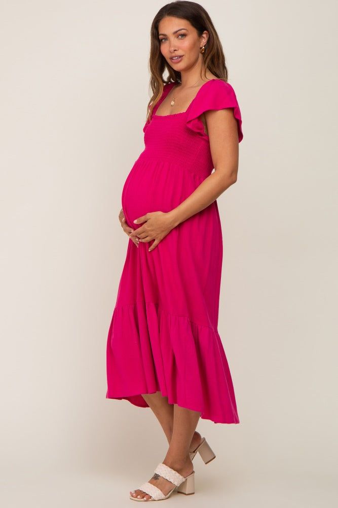 Fuchsia Smocked Ruffle Hem Maternity Midi Dress sold by Pinkblush product image thumbnail 2