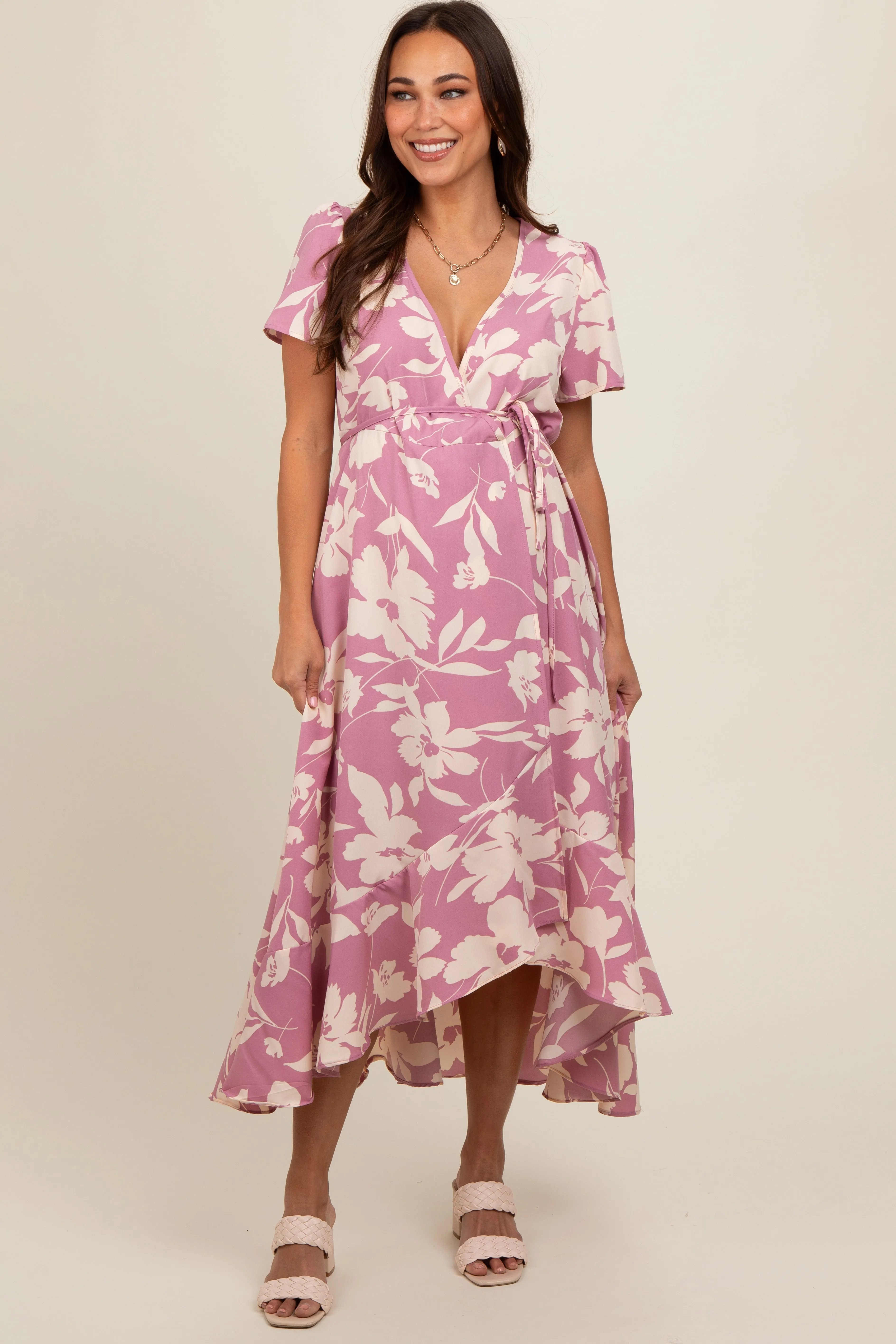 Pink Floral V Neck High Low Maternity Dress sold by Pinkblush