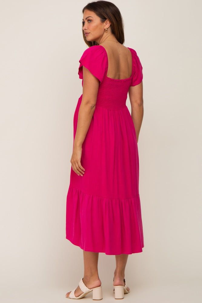 Fuchsia Smocked Ruffle Hem Maternity Midi Dress sold by Pinkblush product image thumbnail 3