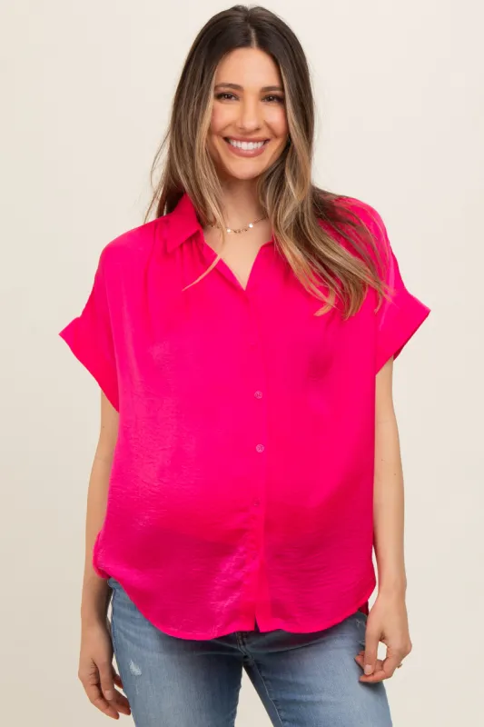 Fuchsia Satin Button Front Collared Short Sleeve Maternity Top sold by Pinkblush