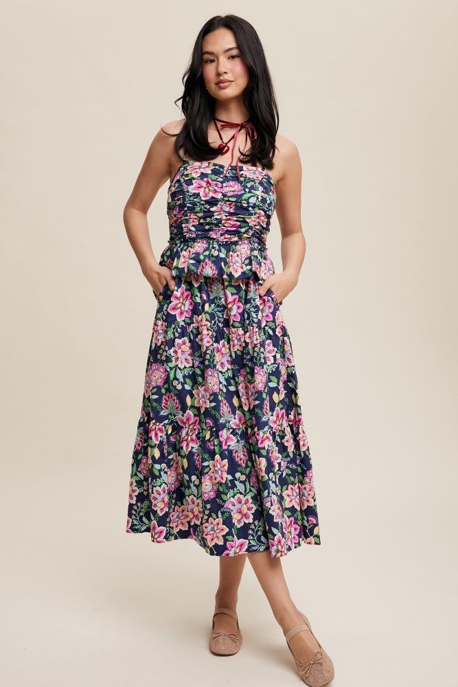 Navy Flower Print Ruched Tiered Maxi Dress sold by Pinkblush